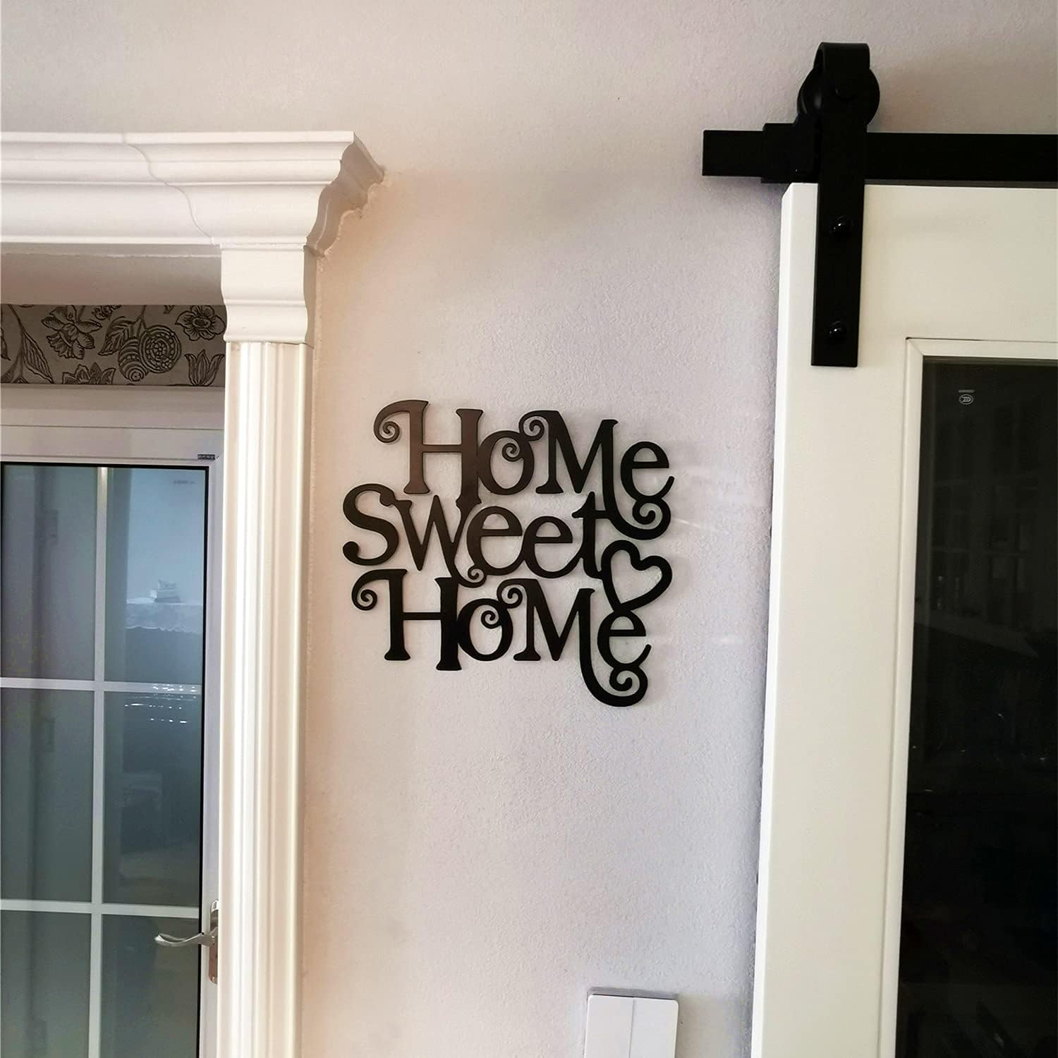 Yamfurvo Antique Metal Wall Mount Word Wall Sculptures Decor, Inspirational Script Wall Saying Plaque, Decorative Seamless Wall Word Art with a Heart, Home Sweet Home, Black