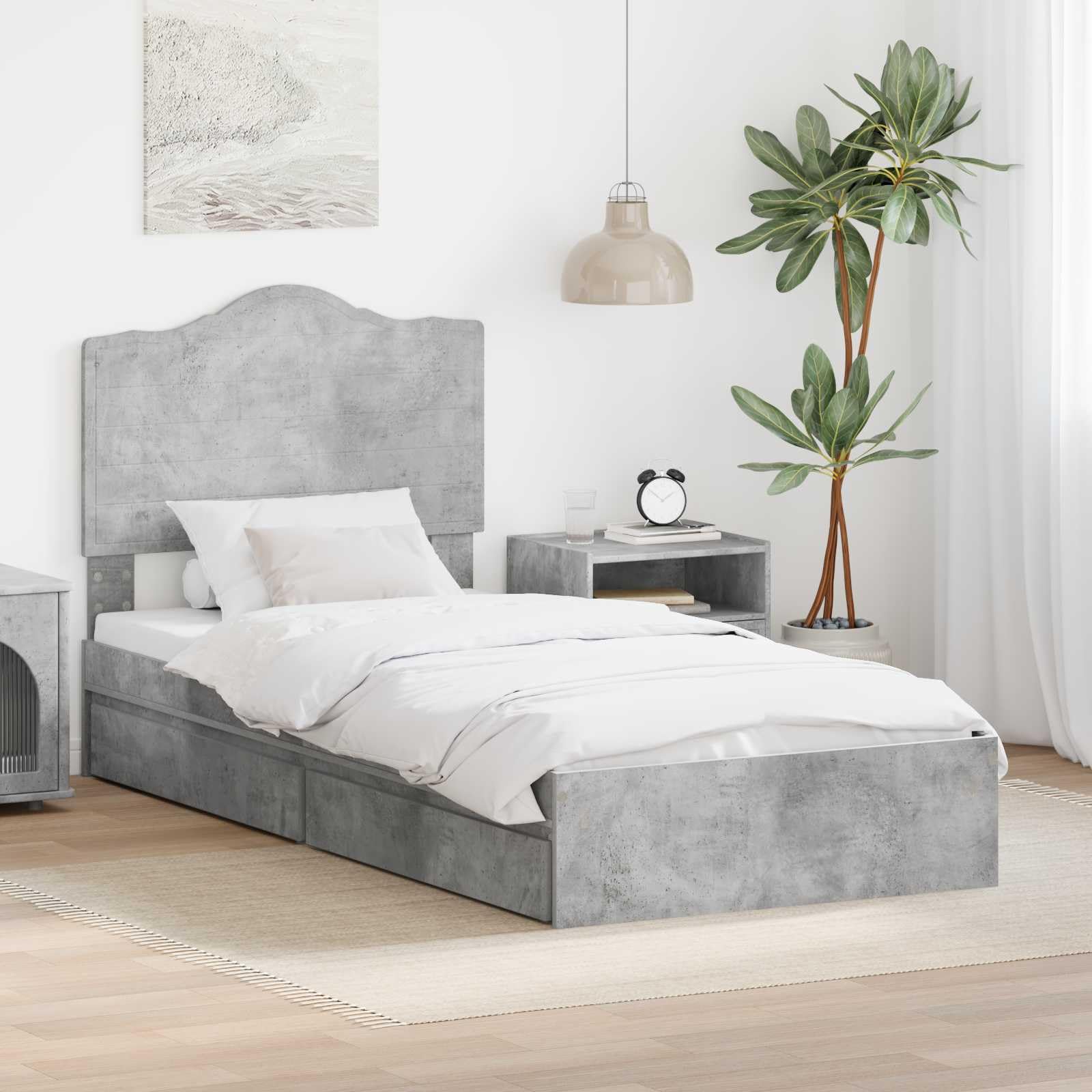 vidaXL Storage Bed Concrete Grey 90 x 190 cm Engineered Wood, Modern, Rectangular Bed Frame for Stylish Sleeping Space, Durable Engineered Wood Platform, Customized Width Solution
