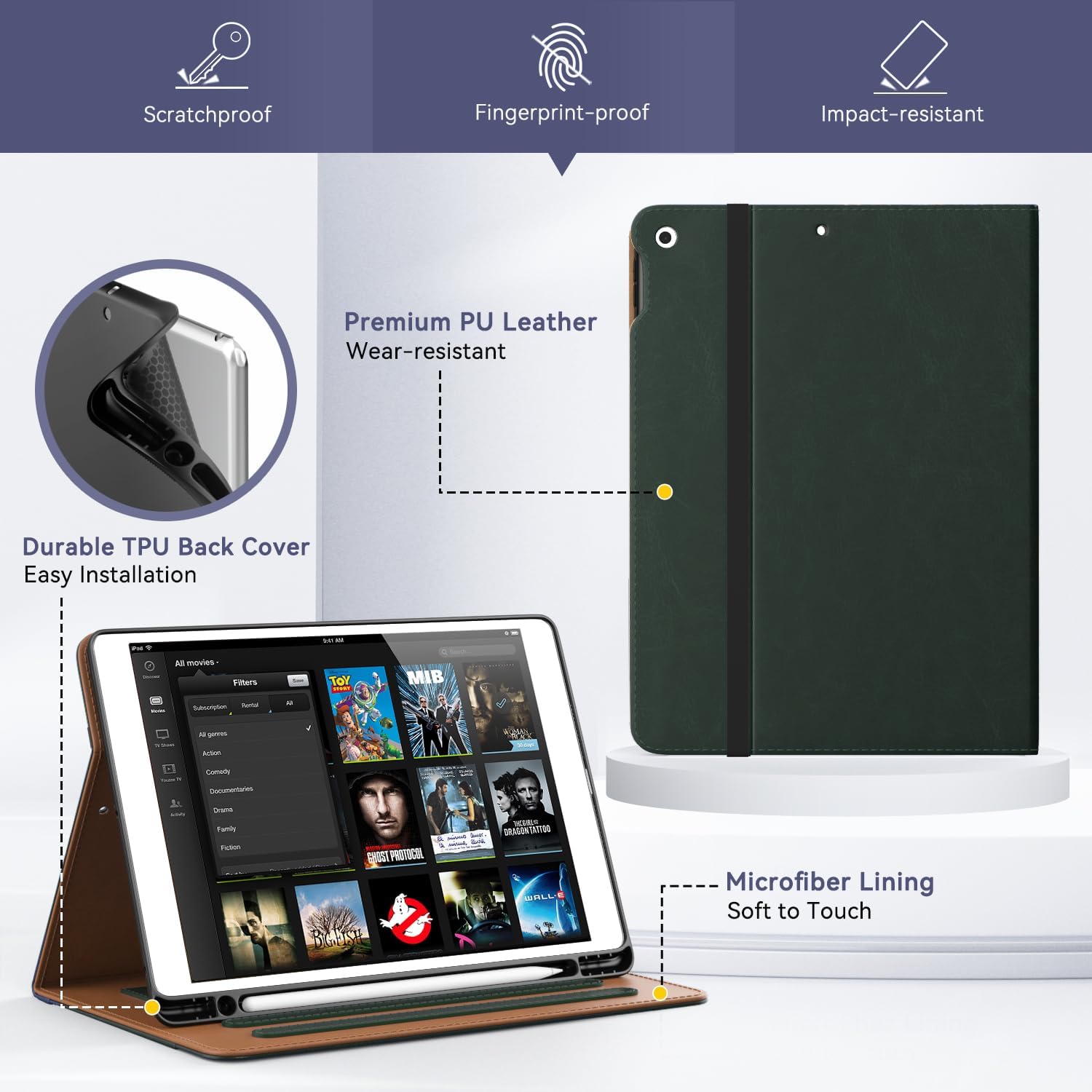 OKP Case for iPad 9th Generation 2021 / 8th Generation 2020/ 7th Gen 2019 10.2 inch Case with Multi-Angle Viewing PU Leather Flio Stand Cover with Pencil Holder & Pocket, Auto Sleep/Wake, Dark Green