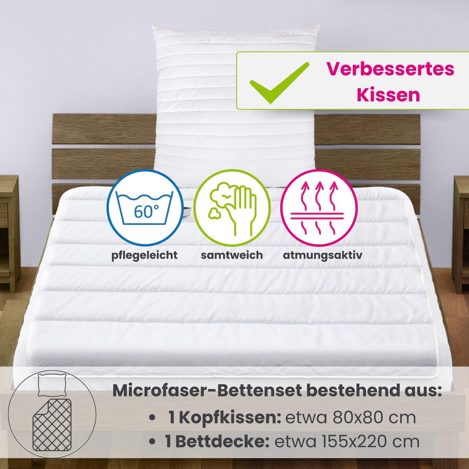 wometo 2er Bettenset - 2X Bettdecke 155x220 inkl. 2X Kissen 80x80 Oeko-TEX | Ganzjahres Steppdecke mit Kopfkissen versteppt, Made in EU (4-teilig)