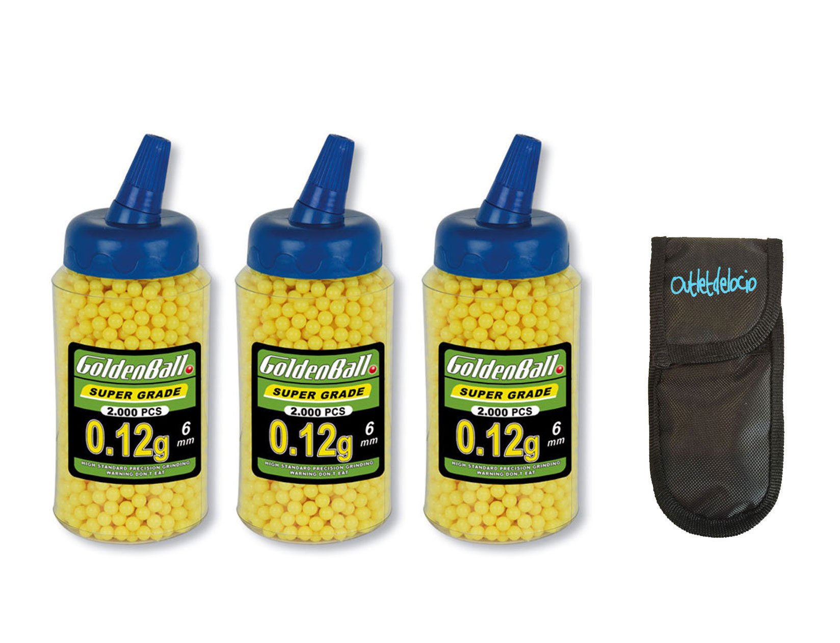 Outletdelocio. Pack 3 Biberónes 2000 balines PVC para Airsoft. Calibre 6mm 0,12 gr (Total 6000 Bolas) + Funda Portabalines
