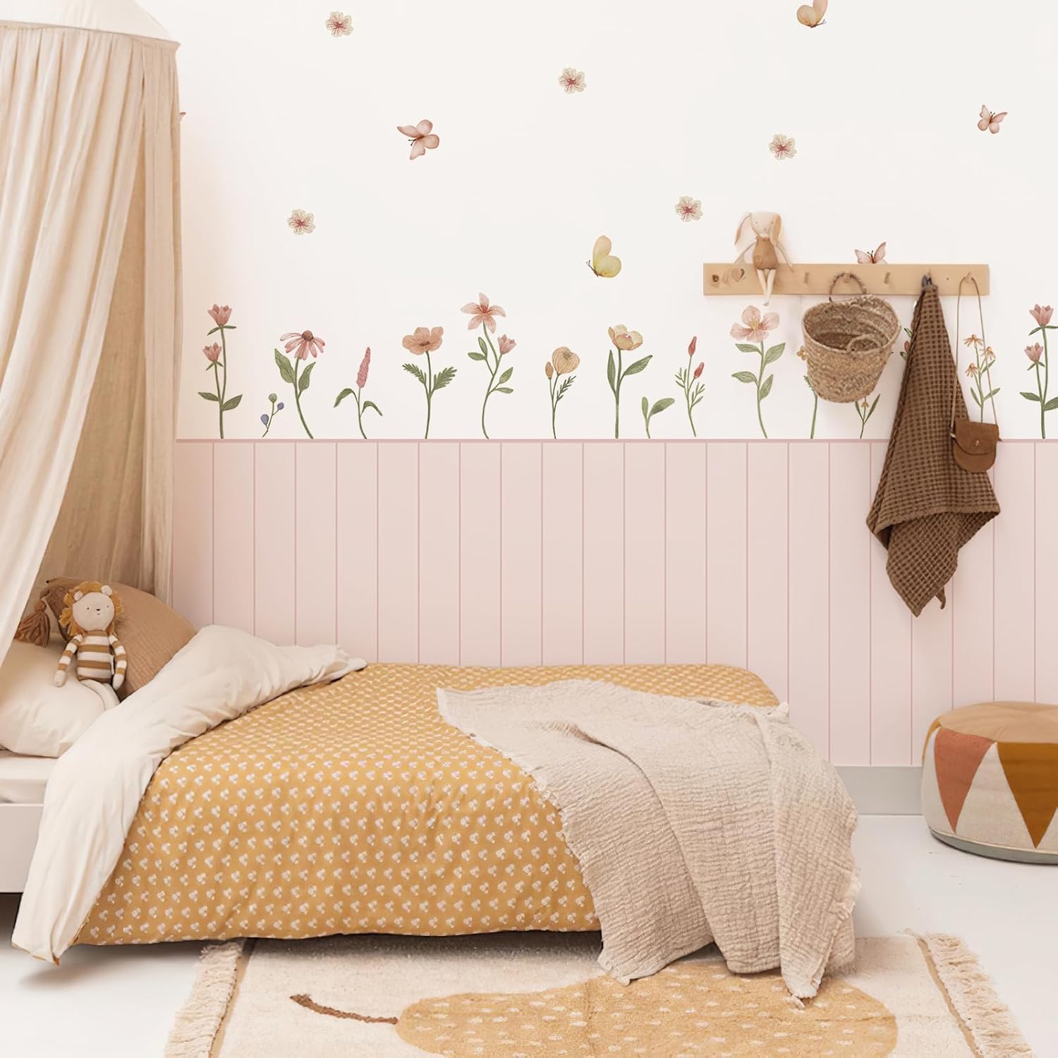 Zeeko Peel and Stick Wainscoting Wallpaper Kit with Floral Wall Decals – Half Wall Panel Look, Self-Adhesive Canvas Wall Mural for Nursery, Kids Room, Renter-Friendly Wall Decor Set (2 Panels)