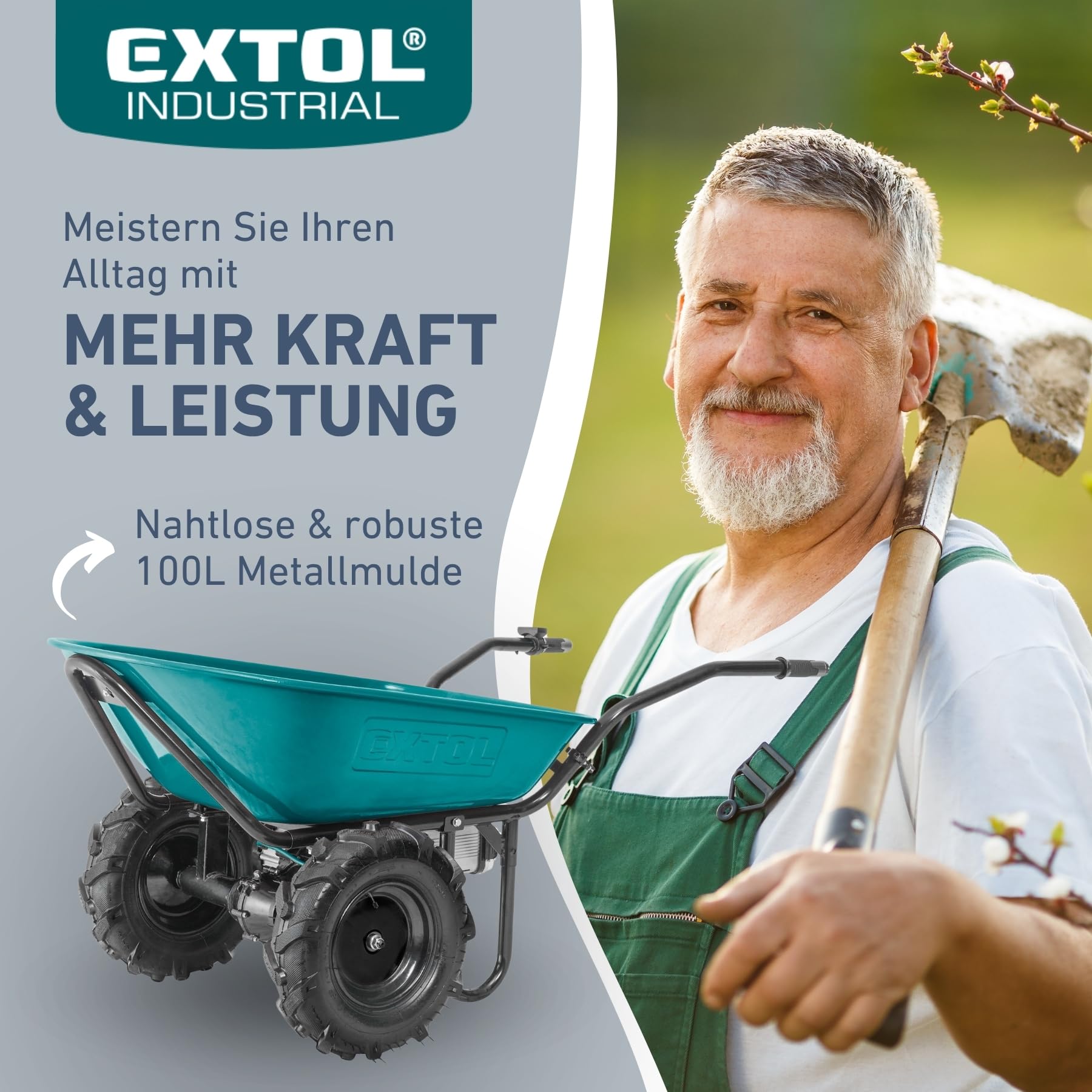 Extol Industrial Elektrische Schubkarre mit Akku I 100L Mulde I 260kg Traglast I 500W I 40V Li-ion mit 6000mAh