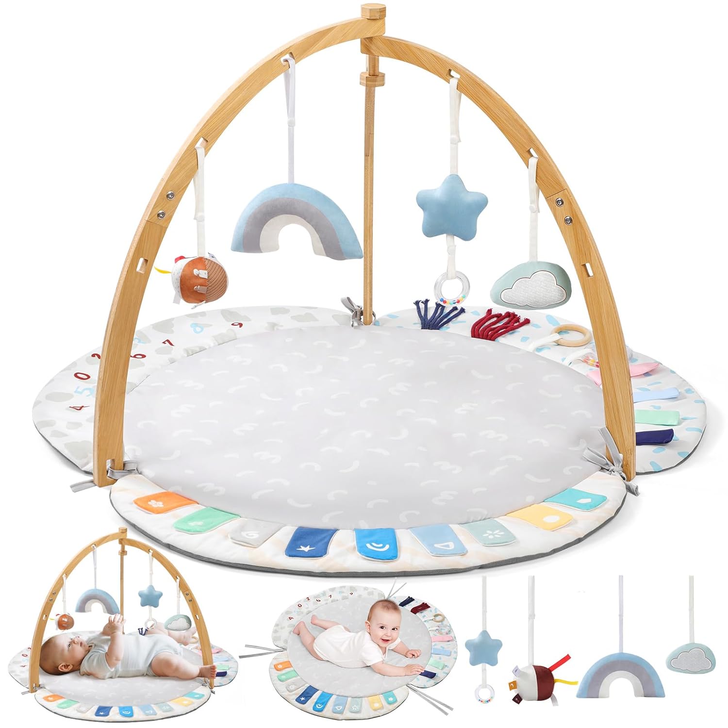 EXIN DECHEN Baby Play Gym & Activity Mat,Natural Organic Bamboo Frame with 4 Detachable Sensory Toys,Tummy Time Mat,Play Mat for Babies 0-6 Months,Newborn Play Mat,Baby Essentials Gifts Gray