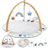 EXIN DECHEN Baby Play Gym & Activity Mat,Natural Organic Bamboo Frame with 4 Detachable Sensory Toys,Tummy Time Mat,Play Mat for Babies 0-6 Months,Newborn Play Mat,Baby Essentials Gifts