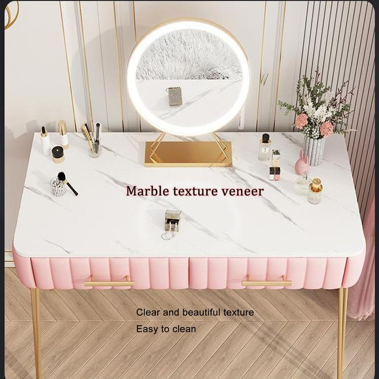 Elegante set da toeletta con 2 grandi cassetti e robusta postazione trucco per donne e ragazze, gambe in metallo e specchio, decorazione per camera da letto
