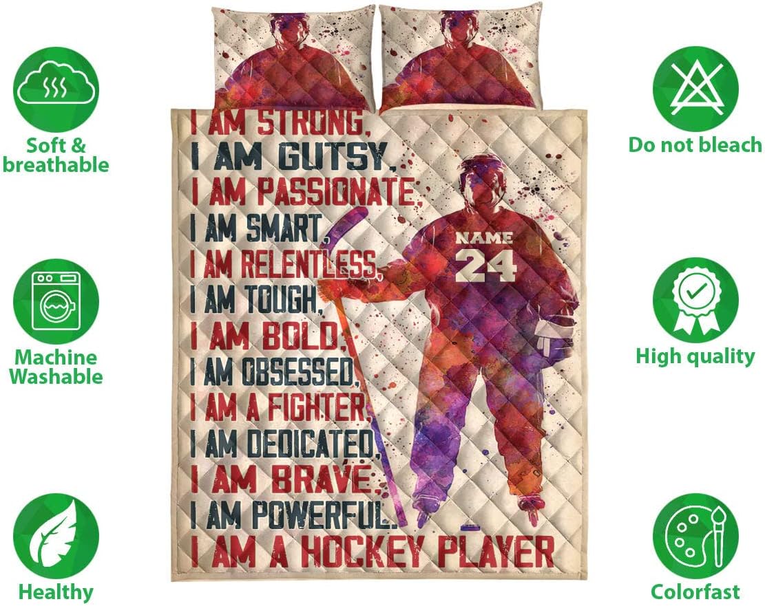 Personalized Hockey Quilt Set, Hockey Boy Watercolor Quilt Blanket with Pillowcases, Custom Name and Number Quilt Bedding Set MLANH1328