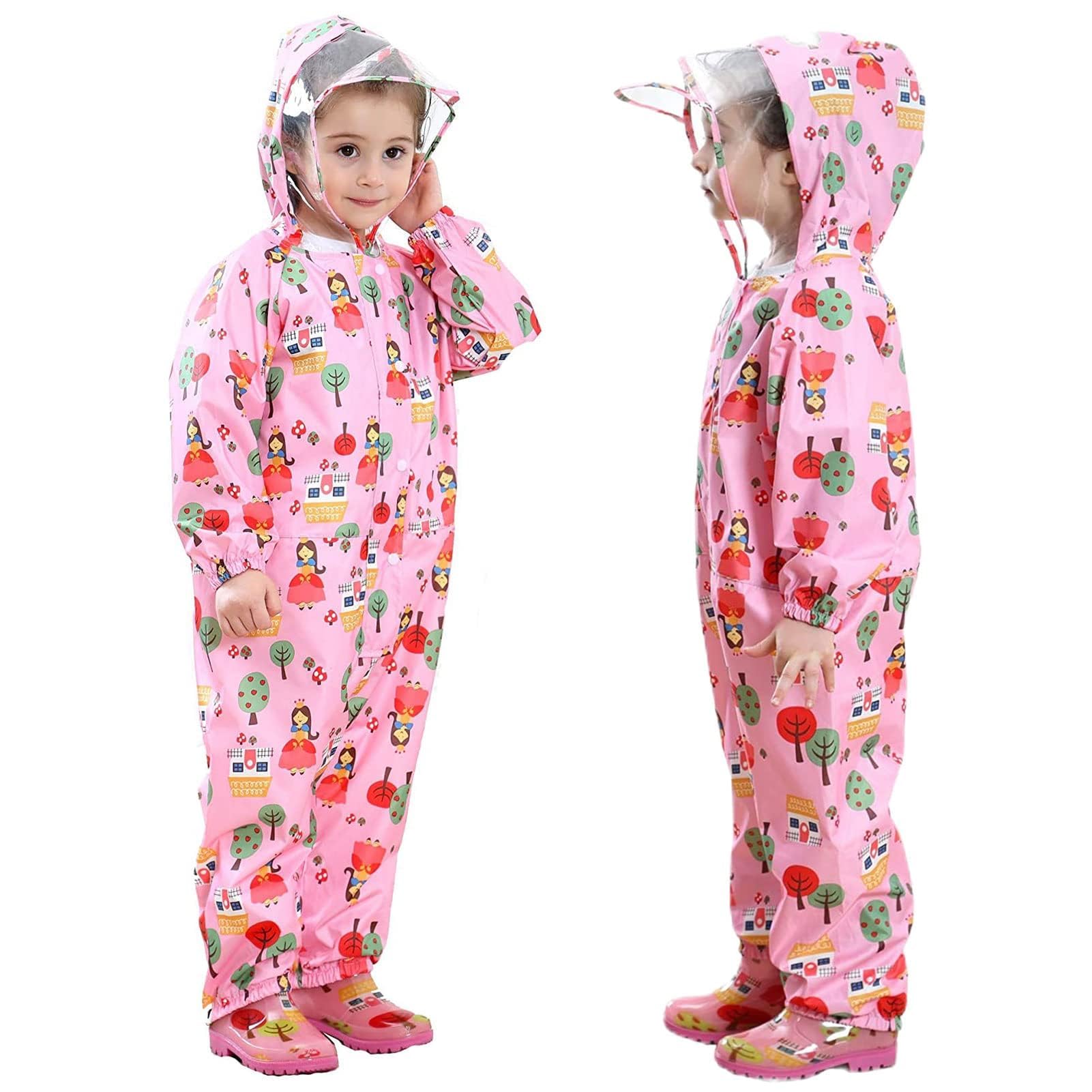Kids Rain Suit Toddler Hooded Rainsuit Poncho Full Body One Piece Coveralls Raincoat for Girls and Boys 1-7 Years