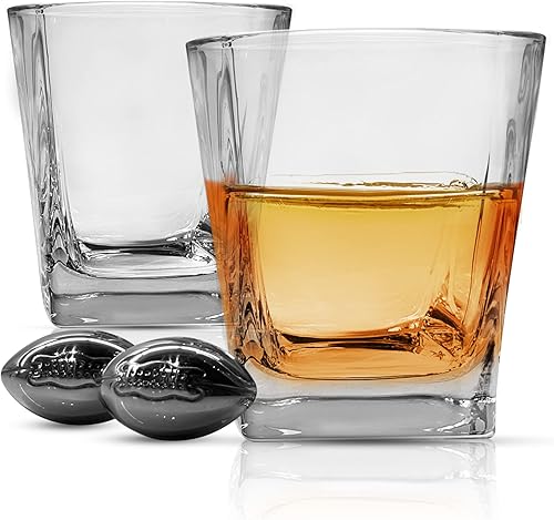 Vasos de whisky Juego de 2 vasos de whisky y 4 rocas escalofriantes Vaso de bourbon de 8 onzas, vidrio escocés, vaso de whisky de la antigüedad