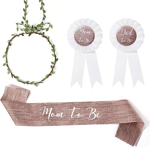 Vista 11 de Xinnun 4 piezas de decoración de baby shower, safari con temática de selva para mamá y papá, ramillete con corona de flores de hojas verde salvia