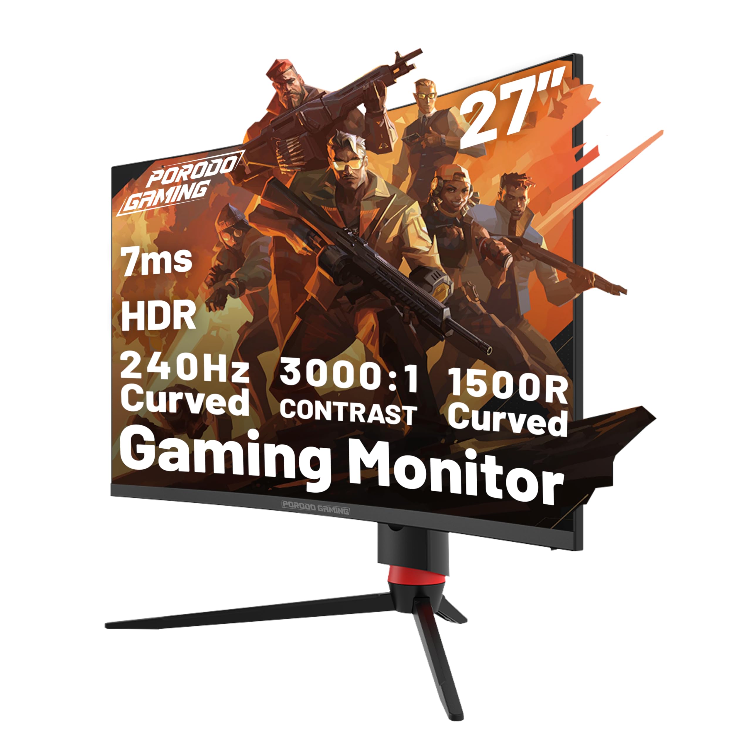 Porodo 280Hz 27 Inch Curved Gaming Monitor,1920 × 1080 (FHD), AMD FreeSync Technology,1500R, Adjustable Rotating Stand, CSOT Frameless Design, RGB Lighting, Mount Ready 2Year Warranty - Black 27