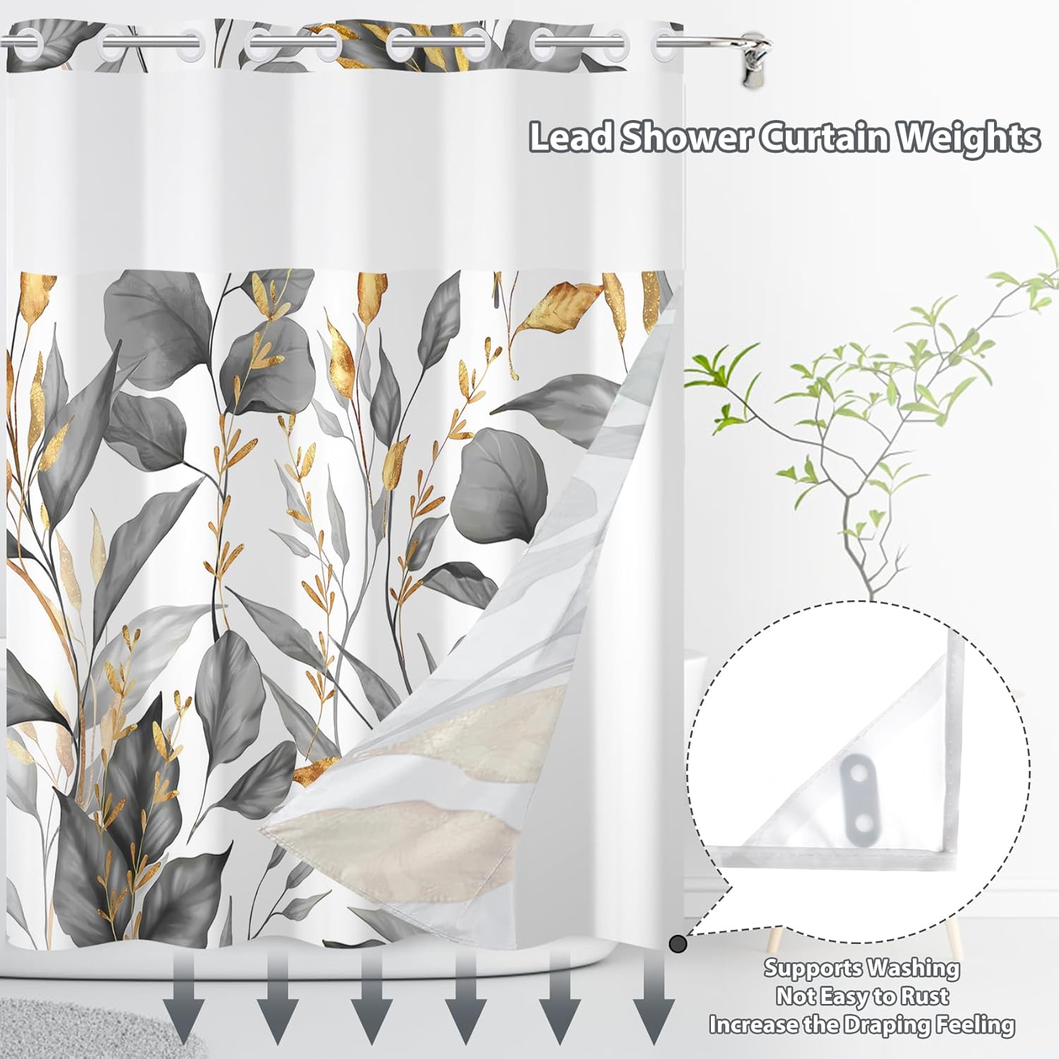 No Hook Shower Curtain,Gold Grey Leaves Double-Layered Shower Curtain with Snap-in Liner and Weights,Grey Plant Fabric Bath Curtain with See Through Mesh, 71x74in