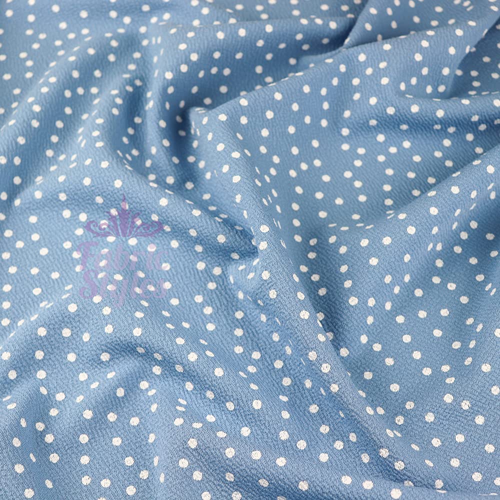 FS589_4 Powder Blue Base Polka Dots Print Dress Making Jersey Knit Stretch Liverpool Knit Textured Fabric Sold by The Metre