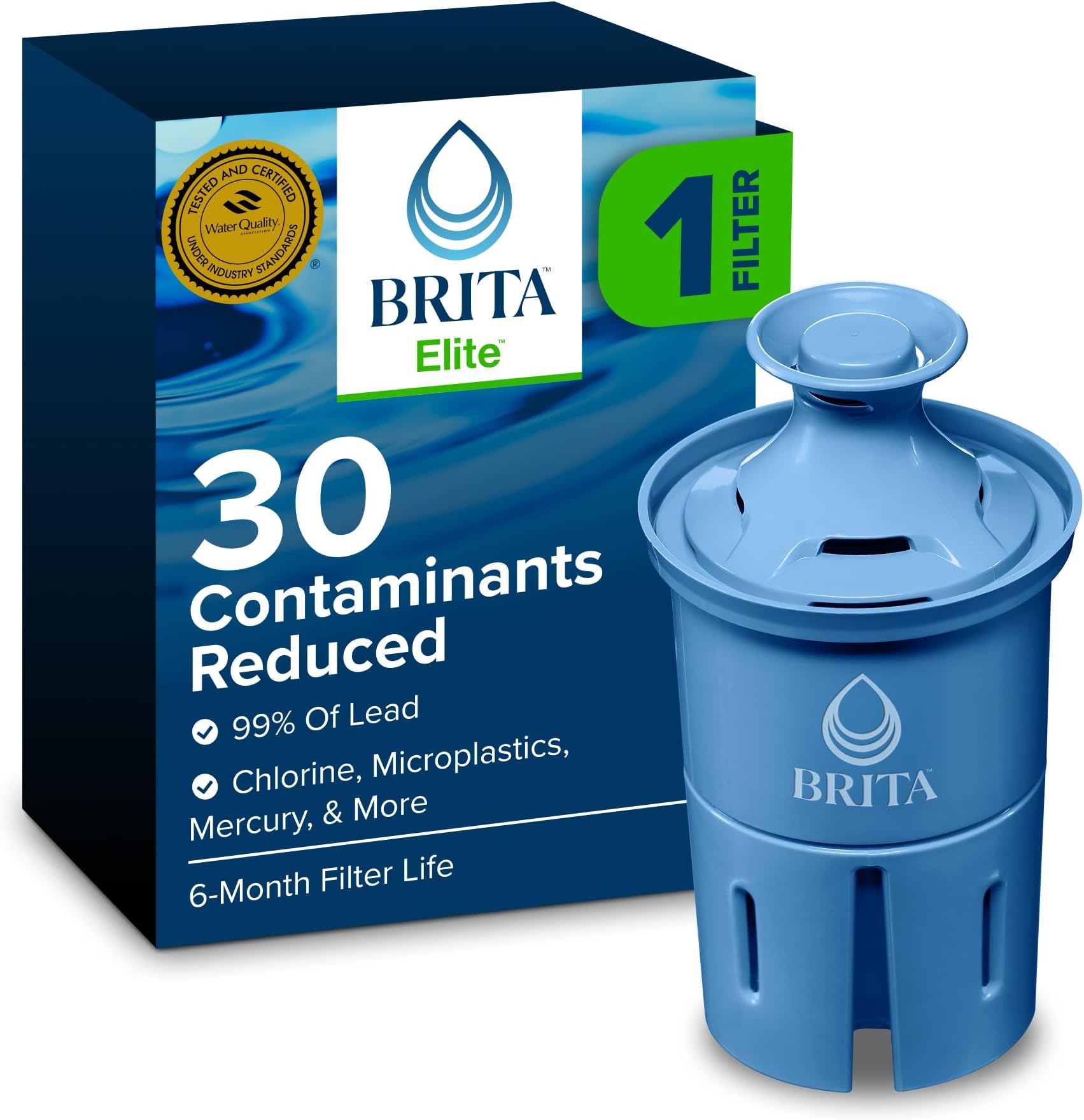 Brita Elite Water Filter Replacement for Pitchers and Dispensers, BPA-Free, Reduces 99% of Lead, Lasts Six Months or 120 Gallons, Includes 1 Pitcher Replacement Filter