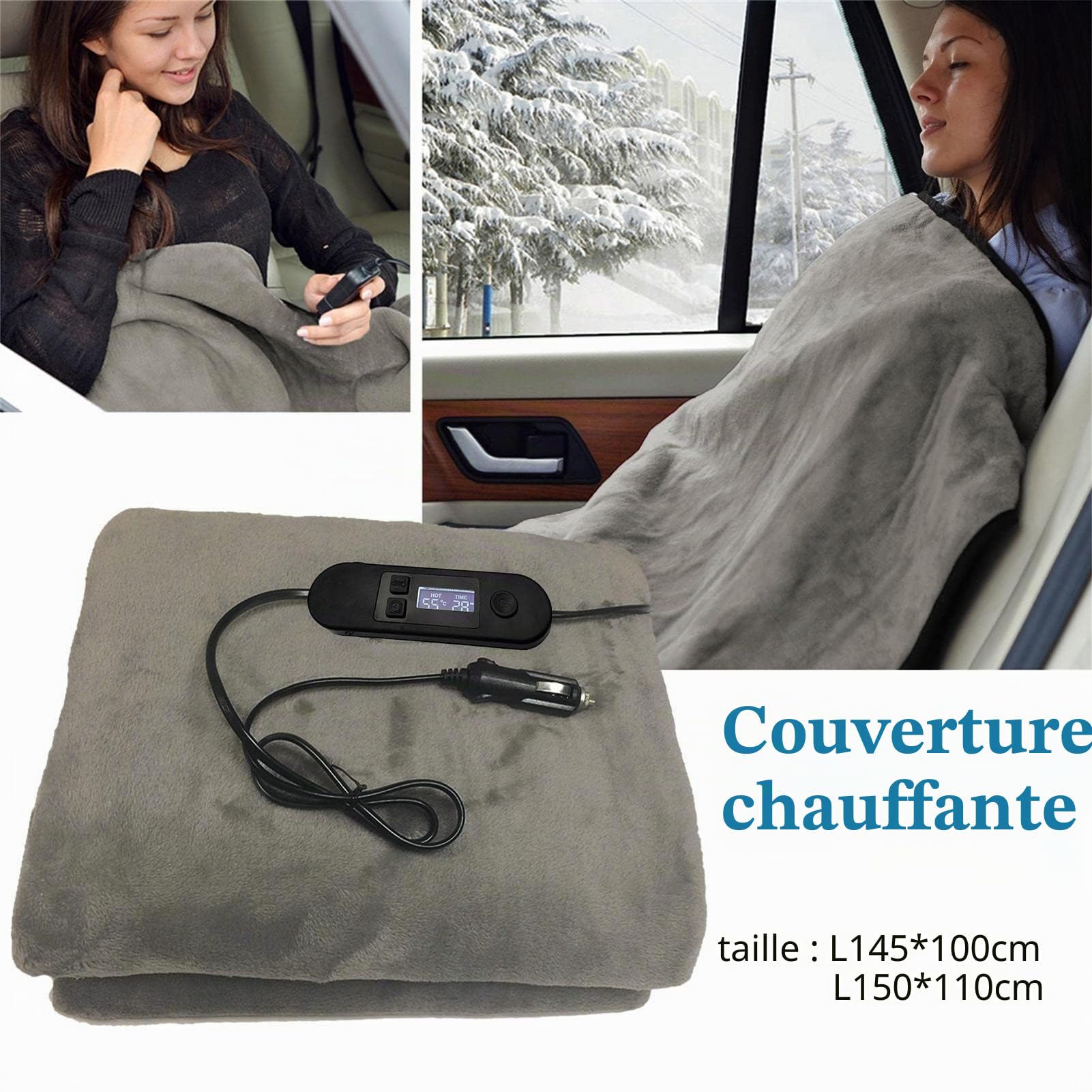 Couverture chauffante avec effet chauffant rapide - Couverture chauffante en polaire 12 V pour voiture et camping-car - Idéal par temps froid