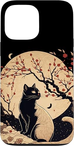 Funda para iPhone 13 Pro Max Kawaii negro gato japonés con flor de cerezo estilo anime