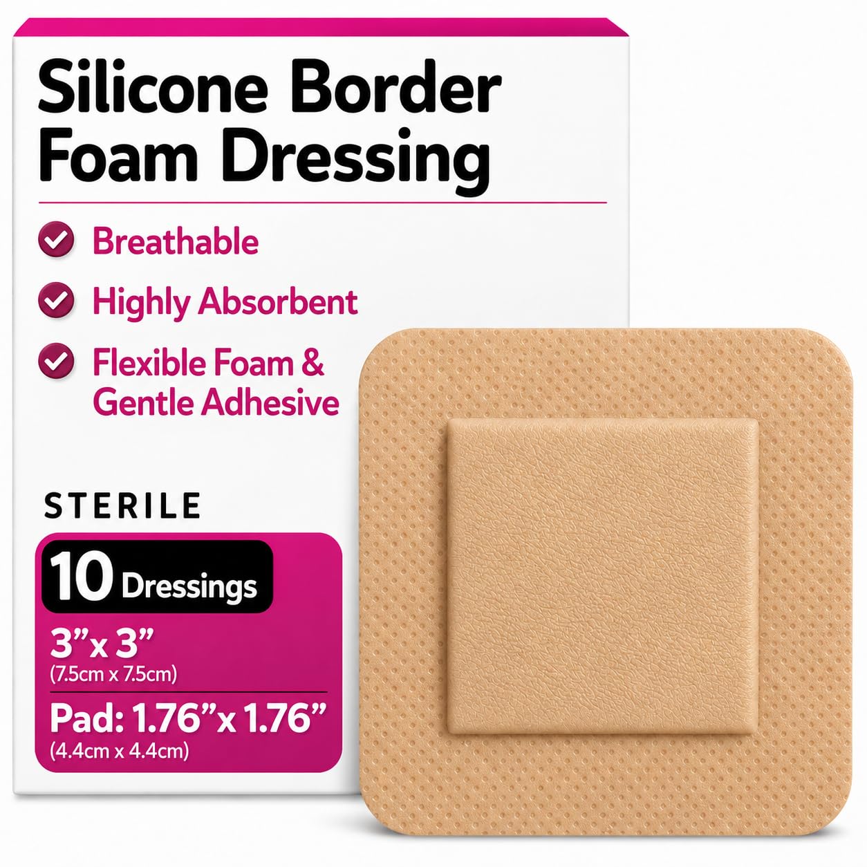 Lot de 10 pansements stériles en mousse de silicone avec bordure 3 x 3 pour le soin des plaies et les pansements absorbants contre les plaies - Bon pour les peaux sensibles