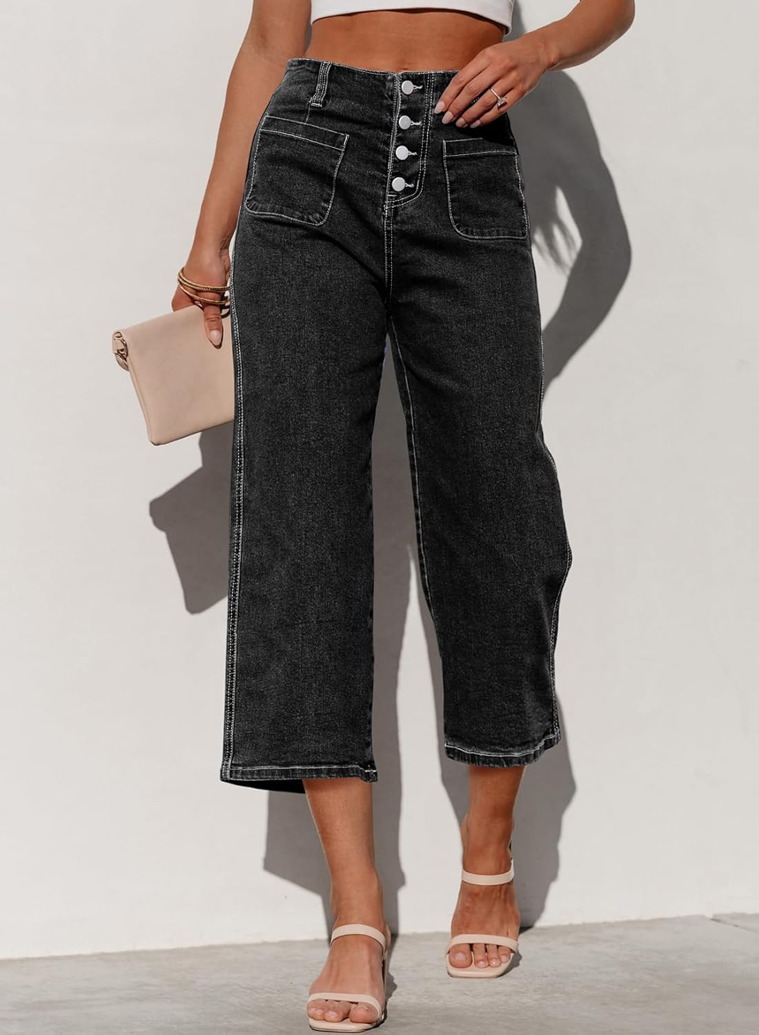 Sidefeel Women's Capri Pants Trendy Wide Leg Jeans High Waisted Stretchy Loose Cropped Denim Pants - Image 3