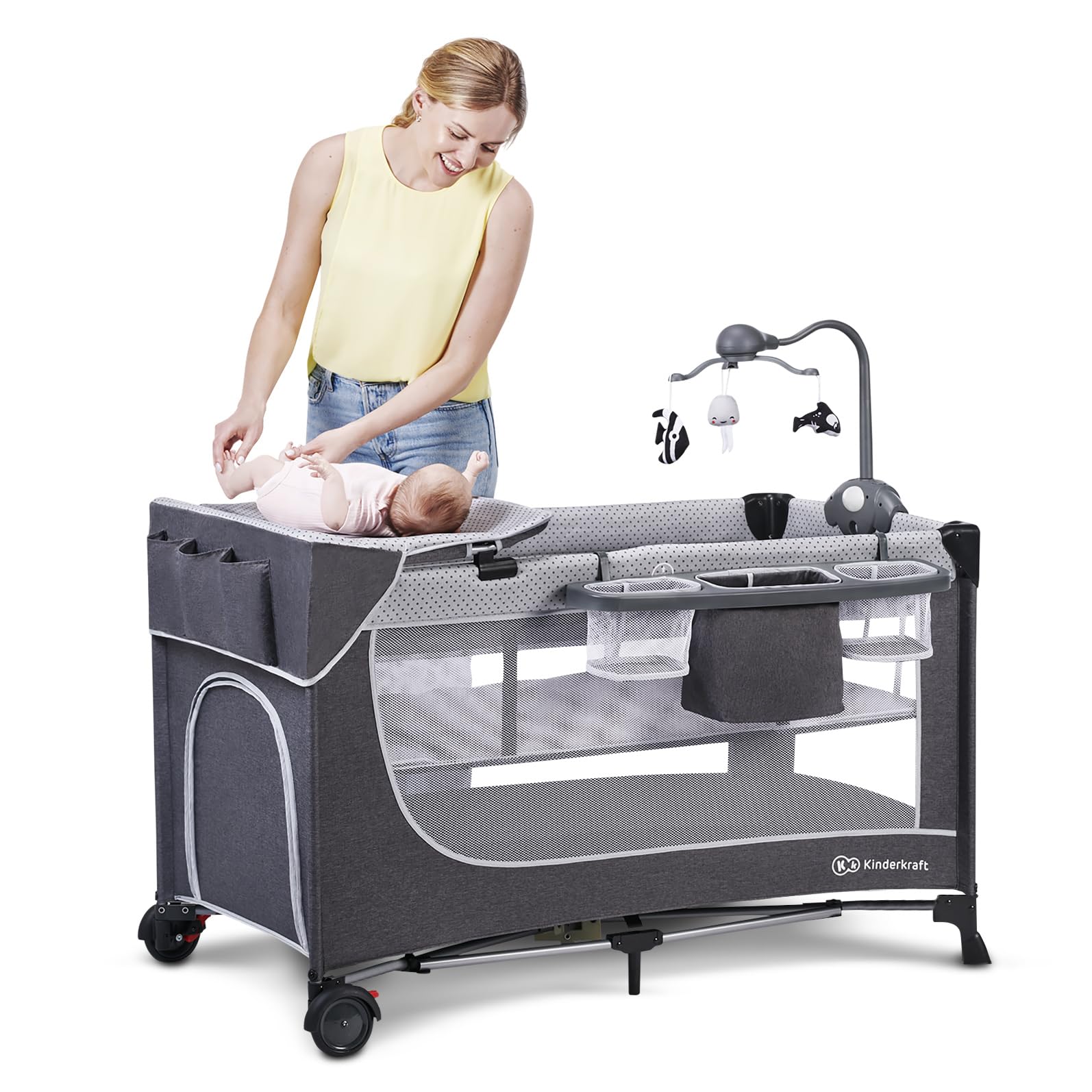 Kinderkraft LEODY Reisebett Baby mit Schlaffläche 120 x 60 cm, Mobile mit Melodien Lichtern und Spielsachen, Höhenverstellbar, schnelle Zusammenklappen, Luftzirkulation, Transporttasche, Grau
