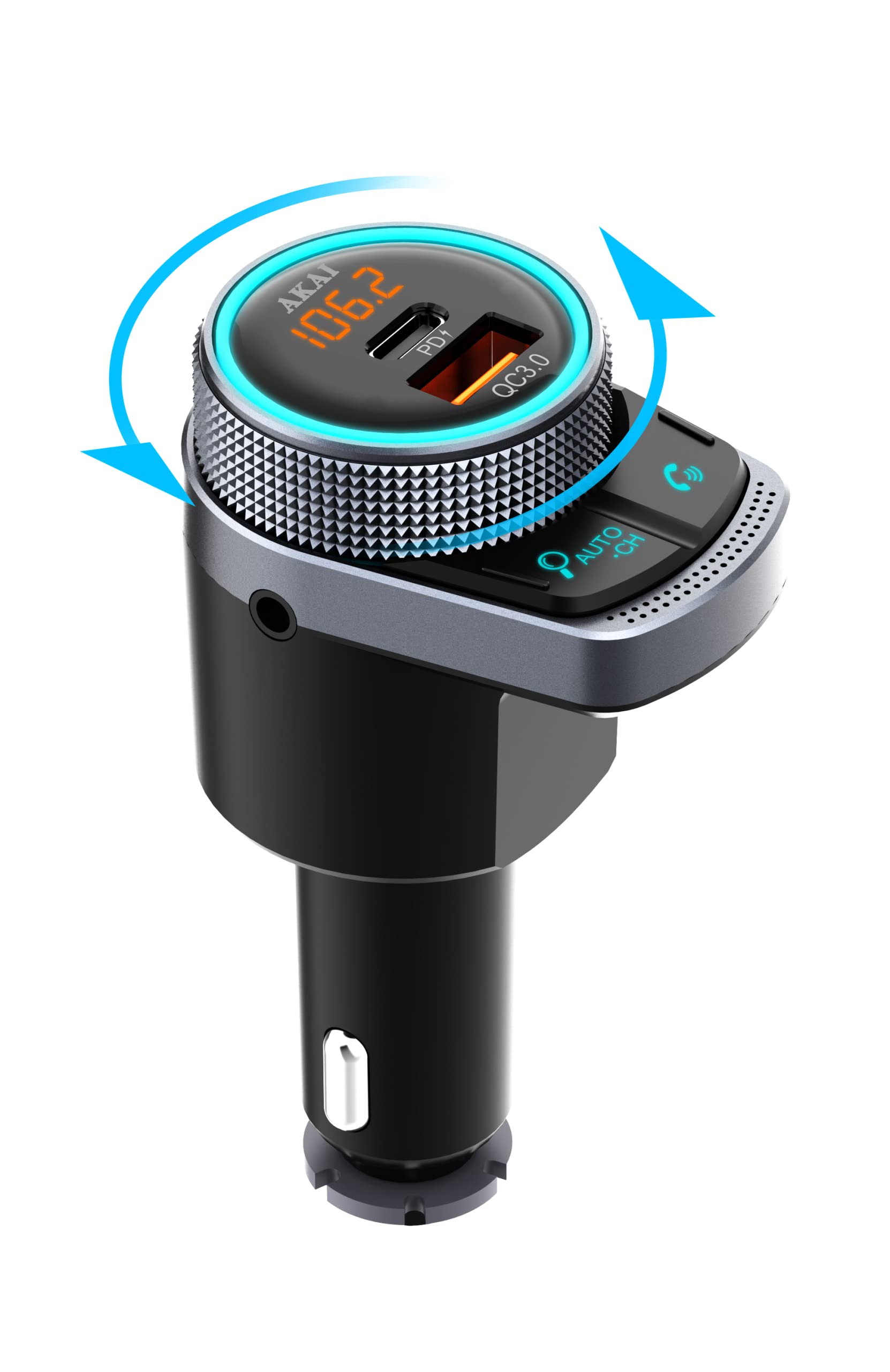 AKAI Trasmettitore Bluetooth 5.1 per auto – Ricerca automatica della frequenza, USB A e C – nessuna modifica necessaria, sostituisce AUX e Bluetooth mancanti