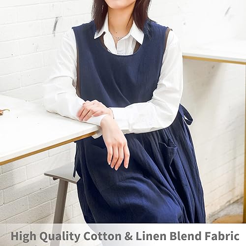 Miniatura 4 de Delantal de talla extragrande con bolsillos y cintura ajustable, delantal con peto de mezcla de algodón suave, para hornear, cocinar, jardinería