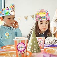 Vista 5 de WorldBazaar Coronas de cumpleaños para niños, paquete de 36 sombreros de feliz cumpleaños con calcomanías de insignia, profesor, aula, escuela