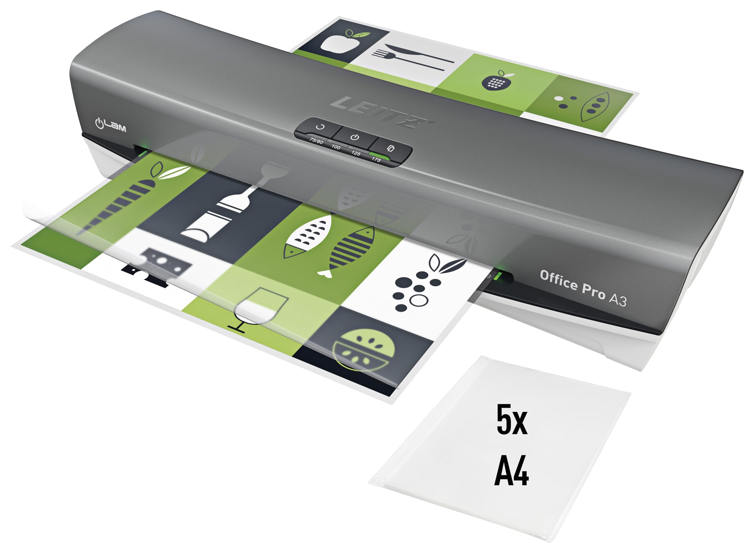 Leitz 75180084 -Plastificadora iLAM Office Pro A3, Calentamiento Ultra Rápido 1 Minuto, 75-125 Micras, Indicador LED Inteligente, Apagado Automático, Incluye 5 Fundas A4 para Plastificar, Gris/Blanco
