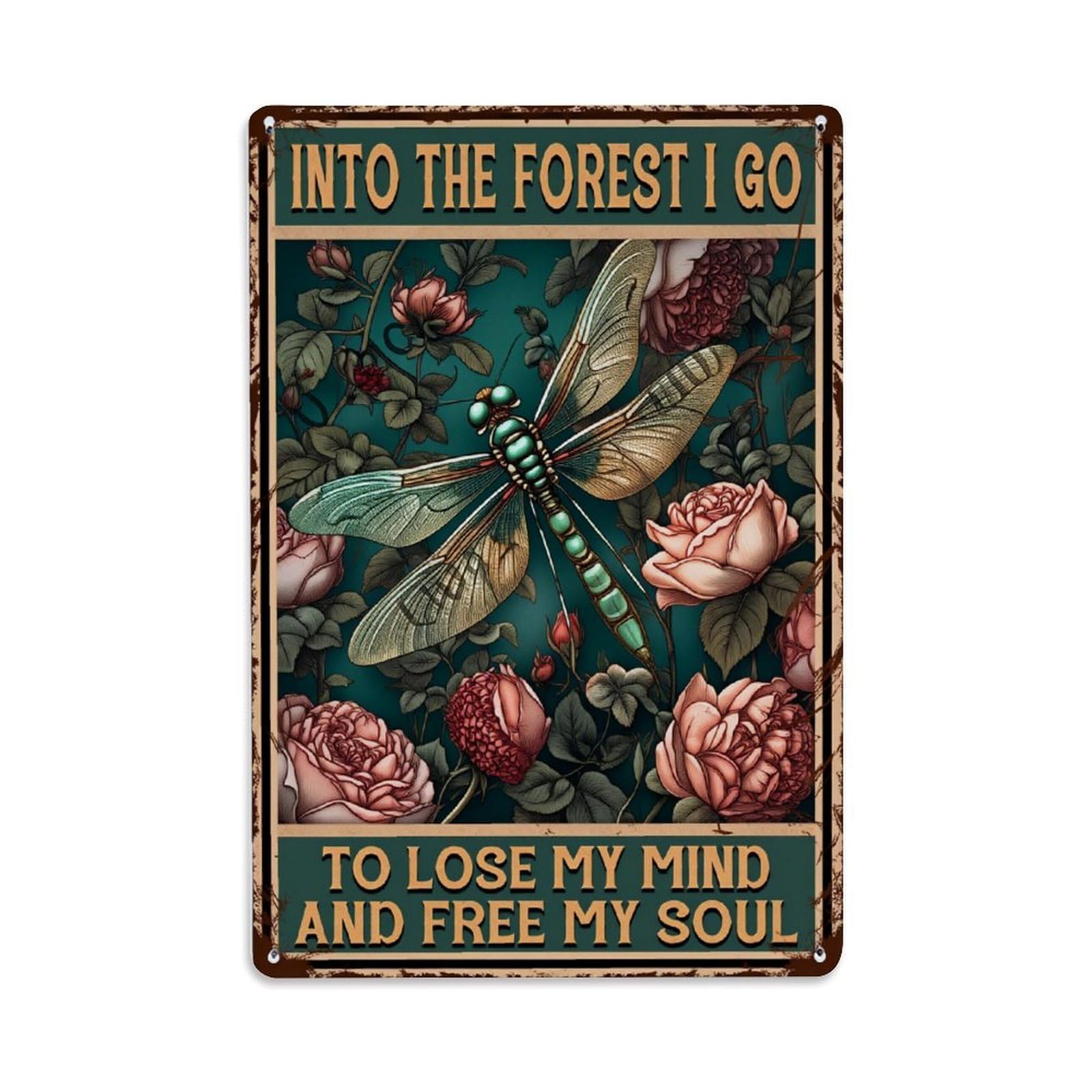 Dragonfly Roses Forest Leaves Nature Tin Sign Vintage Metal Poster, Home Bar Garage Man Cave Cafe Indoor & Outdoor Wall Decoration 8x12Inches