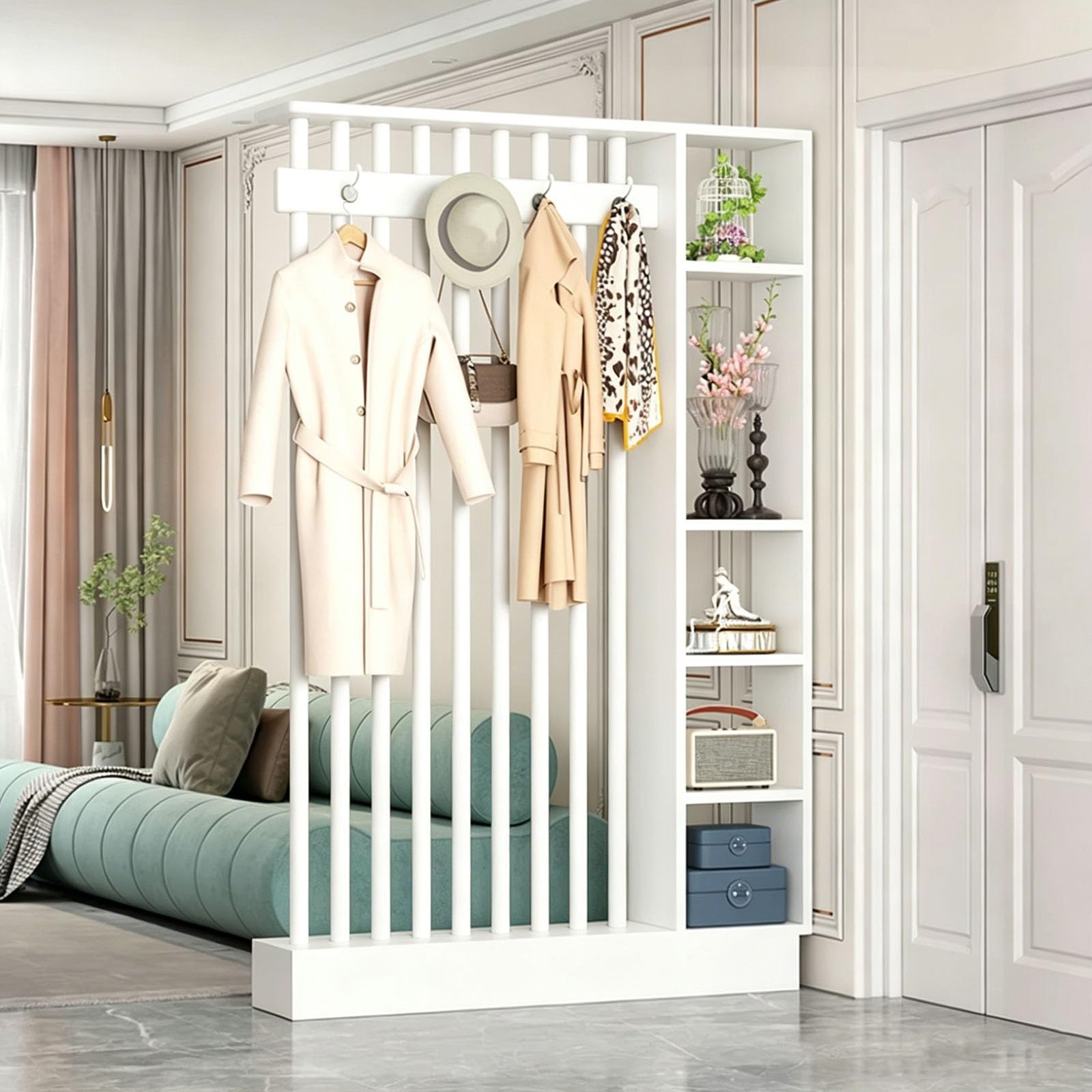 Multi-Functional Entry Hall Storage Rack Wood Room Divider Screen,room divider with shelves,Freestanding Privacy Partition with Coat Rack and Display Shelf for Home Office(White+White,120cm/47.2'')