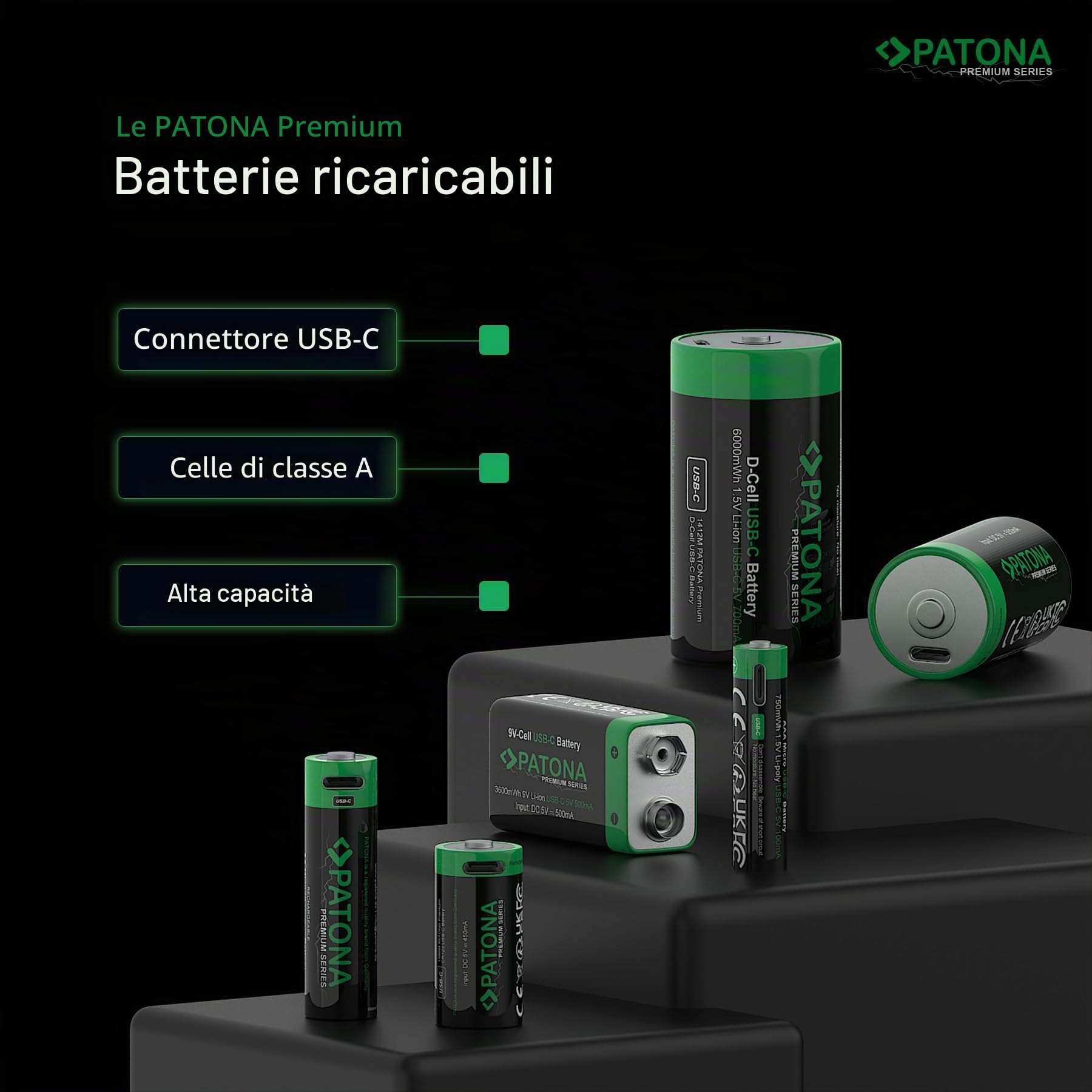 PATONA 4x AA Mignon batterie ricaricabili USB-C, 1,5V / 3000 mWh (2000 mAh) – per controller, giocattoli, telecomandi, flash e mouse – cavo USB-C 1-a-2 incluso, niente caricatore esterno