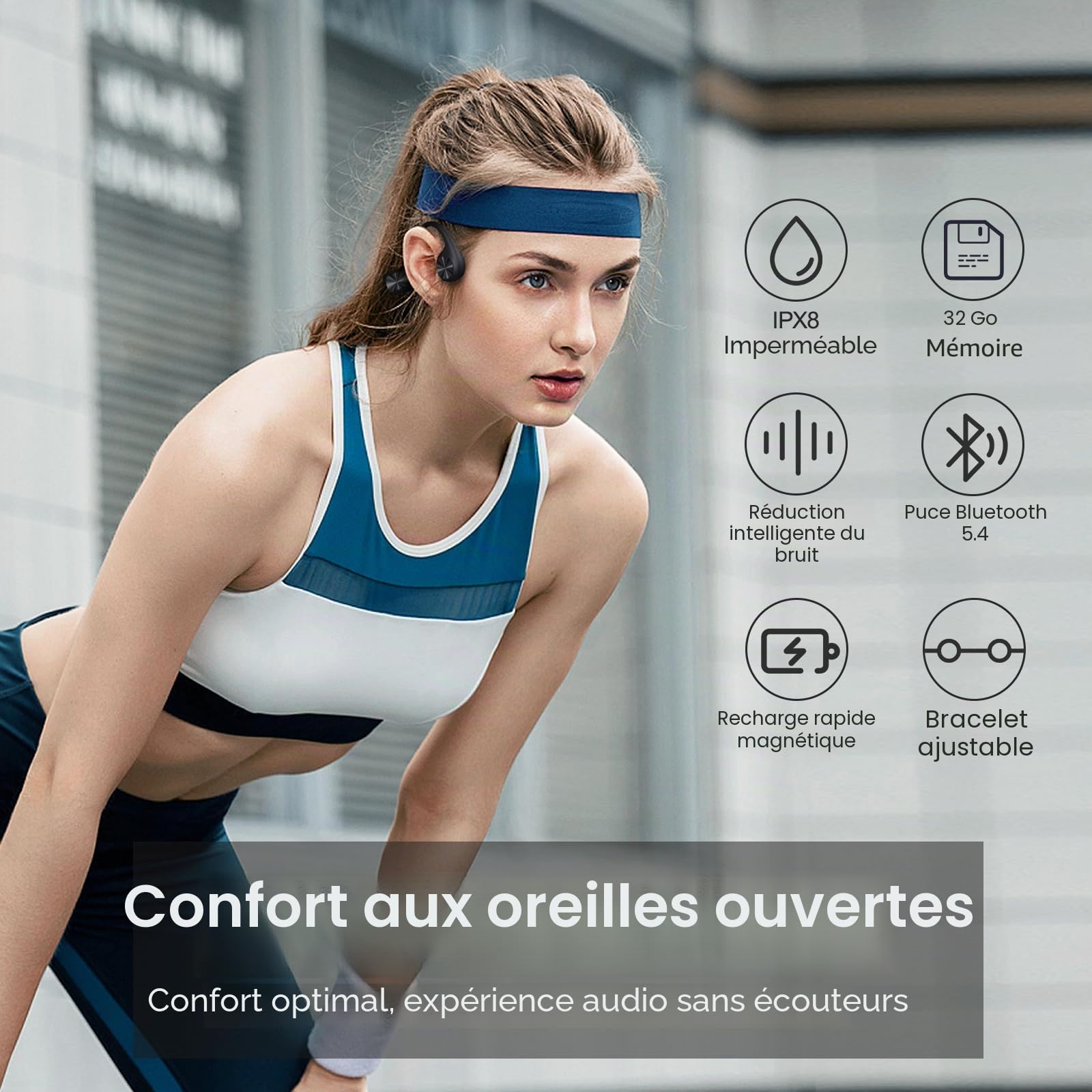 Casque Conduction Osseuse Bluetooth 5.4,Écouteur Natation IPX8 Étanche avec Lecteur MP3 à Mémoire Intégrée de 32 Go,Casque Sport Oreilles Ouvertes, 8H d’Autonomie pour Natation, Course à Pied,Cyclisme