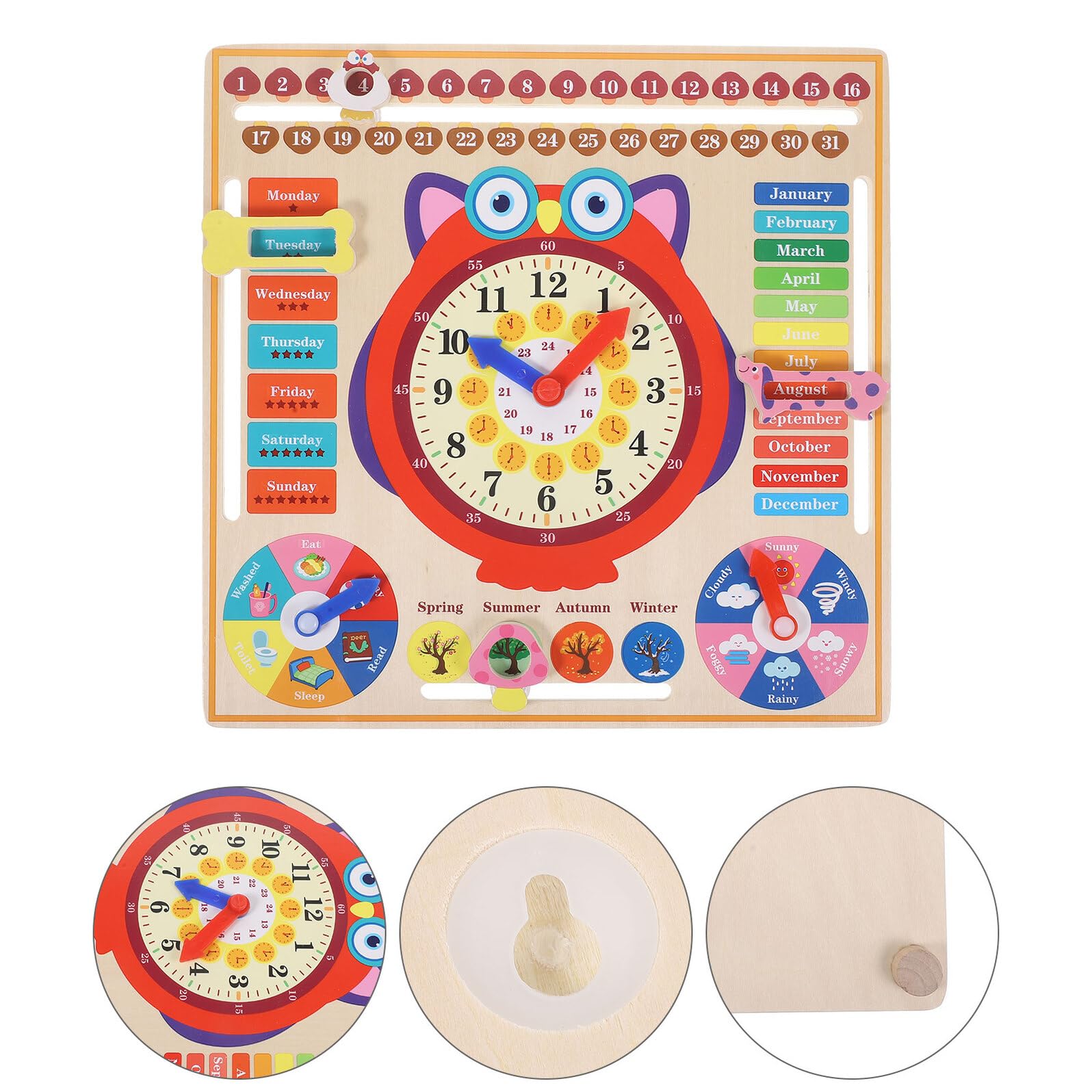 Reloj de Madera Educativo Búho para Juguete Cognitivo Multifunción para Aprender Hora Estaciones y Clima Material Natural Seguro y Duradero