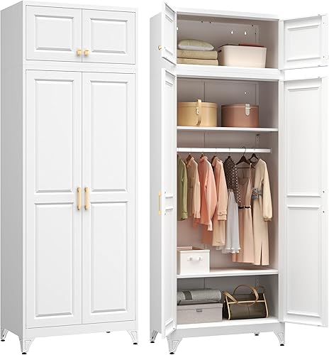 Miniatura 16 de Armario de metal con puertas y estantes, armario independiente de 71 pulgadas de alto para colgar ropa, armario grande con barra para colgar para