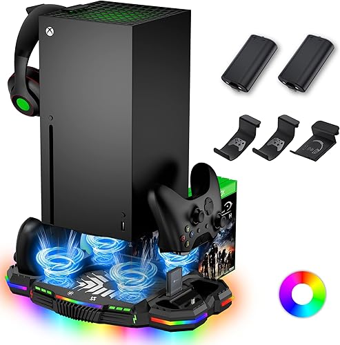 Soporte de carga con ventilador de refrigeración para Xbox Series X, estación de carga vertical de doble controlador y sistema de refrigeración con