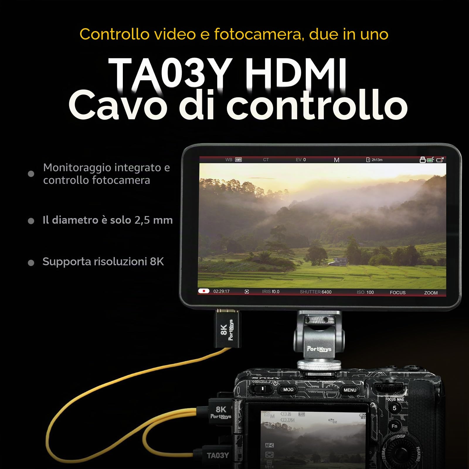 Portkeys LH7C Monitor da Campo 7" con Controllo Fotocamera Monitor Esterno HDMI 4K Touch Focus 1000 Nits Output 3D LUT, Cavi controllo e HDMI inclusi