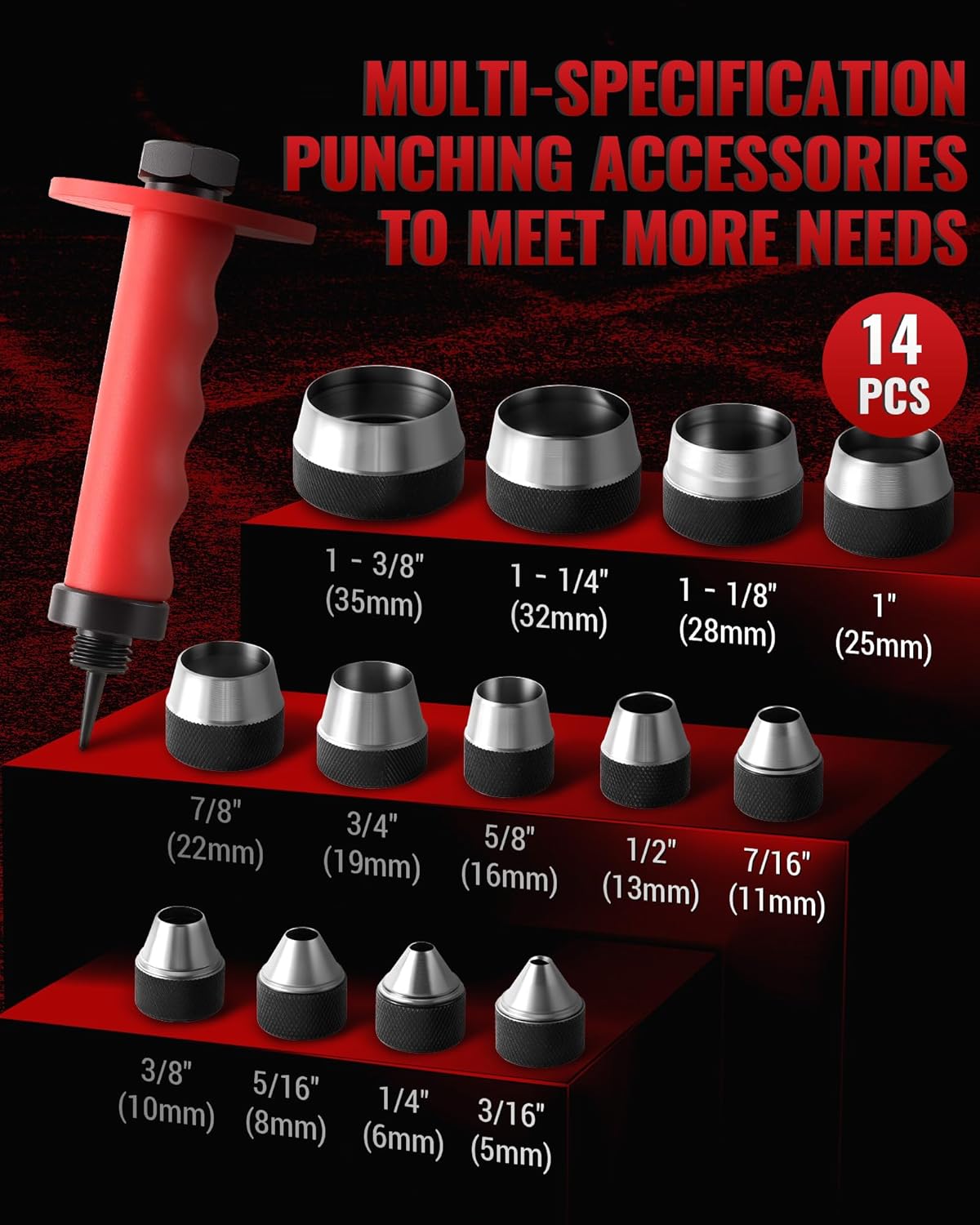 Reywoo Hole Punch Set, 14 Pcs Hollow Punch Set 3/16" to 1-3/8"(5-35mm), Gasket Punch Set with Pin Point Punch Shaft