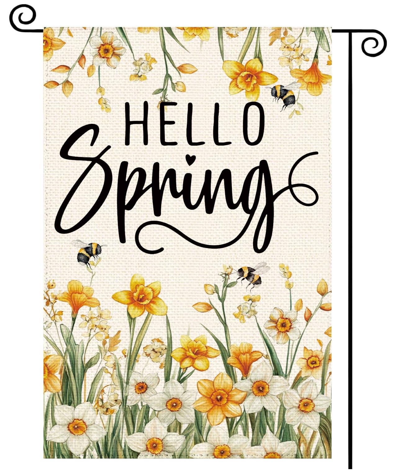 Hello Spring Floral Garden Flag 12 x 18 Inch Double Sided Burlap Daffodil Bee Seasonal Holiday Yard Outdoor Decorative Flag