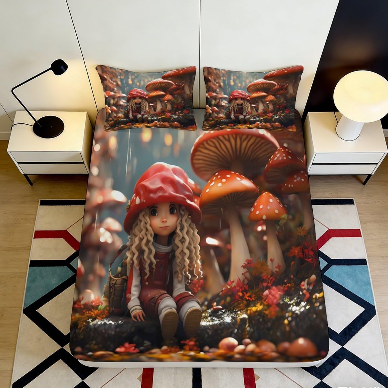 3D Printed Mushroom Fantasy Fitted Sheet Microfiber Soft Non-Slip Forest Elf Bed Cover for Bedroom Dorm Decor 200x200x25cm