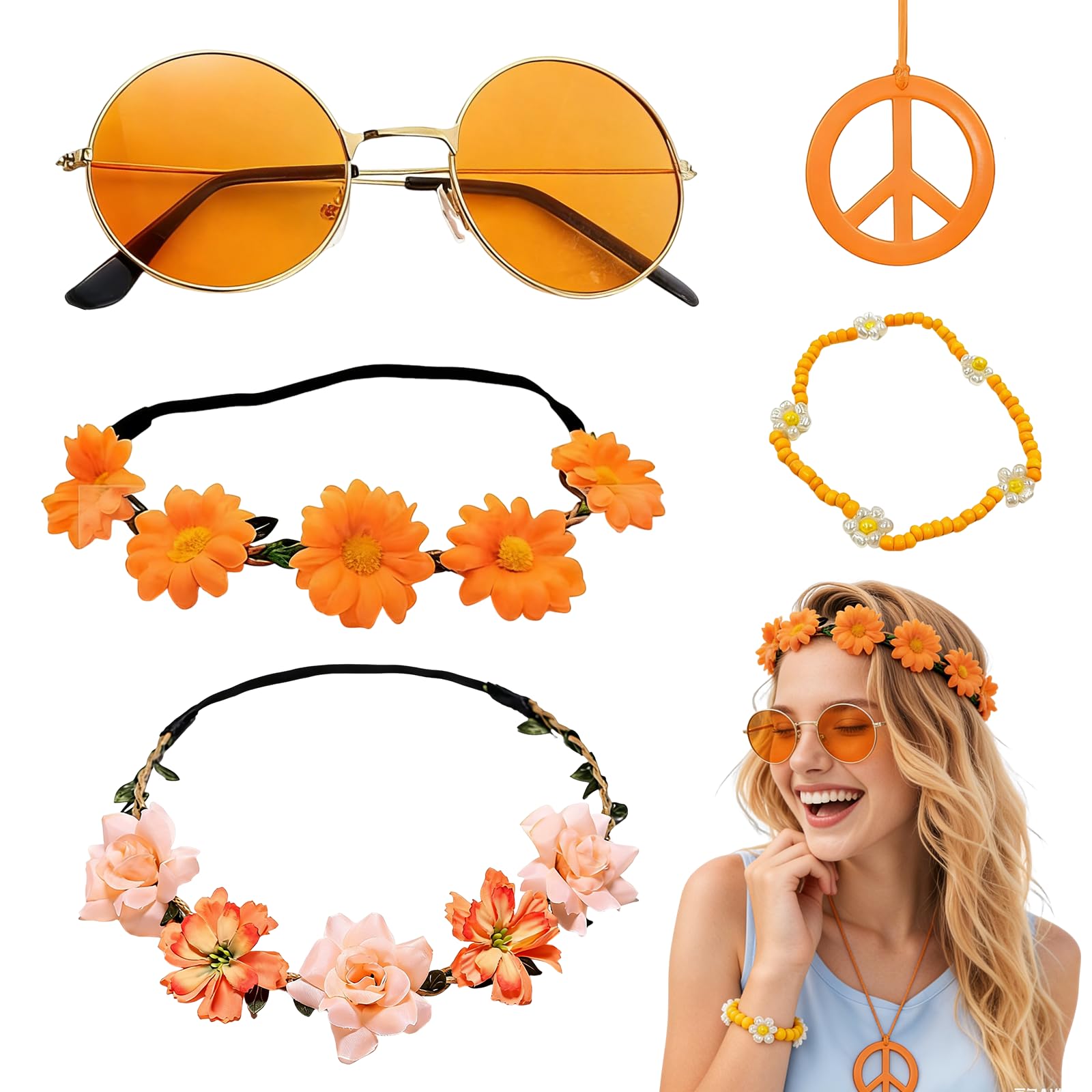 5Pcs Hippie Accessories Set for Women, 60s 70s Retro Fancy Dress Costume with Flower Crown Headband Hair Fork Peace Sign Accessories Round Sunglasses Bohemian Festival Groovy Party Favors (Orange)