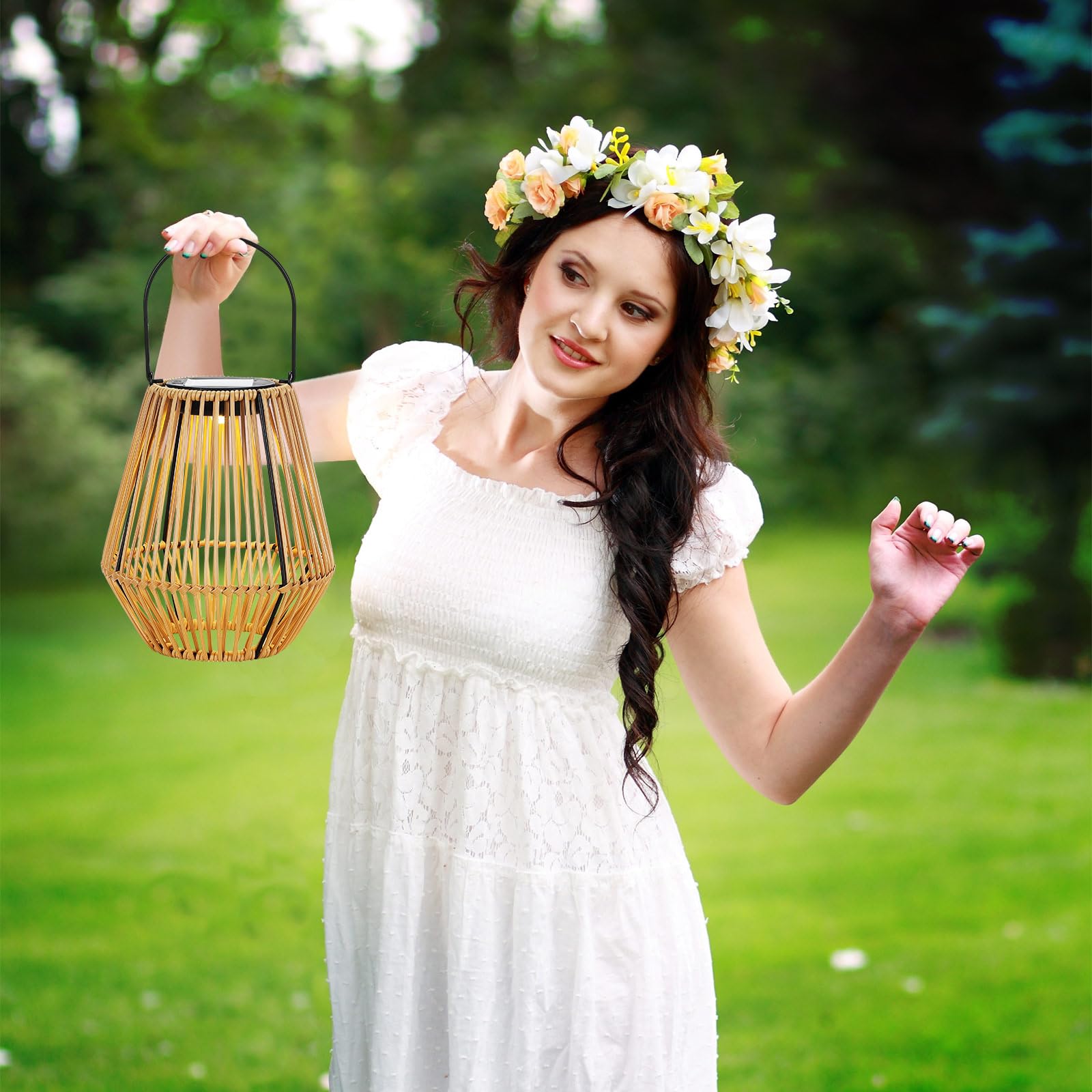 VIHOSE Confezione da 6 lanterne solari in rattan, luci solari da appendere, con manico, impermeabili, per esterni, decorazione per patio, portico, giardino, sentiero, cortile, alberi, prato