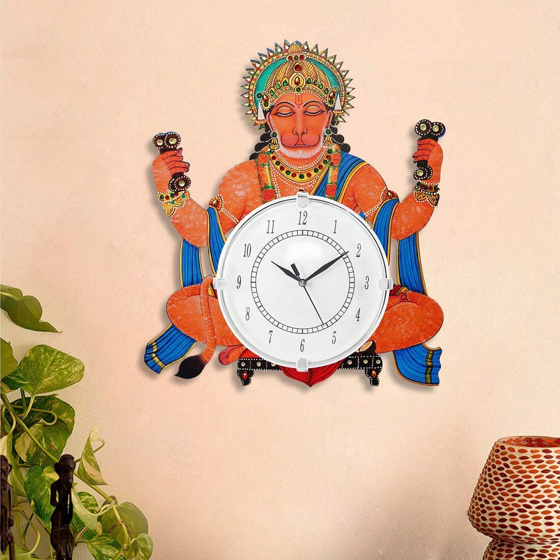CAPIO ART Wooden Handicraft Lord Hanuman Wall Clock | Round Quartz Analog Religious Theme Decorative Wall Mounted Clock for Home & Office | Antique Wall Art for Gifting | (14x12 Inch_Multicolour)