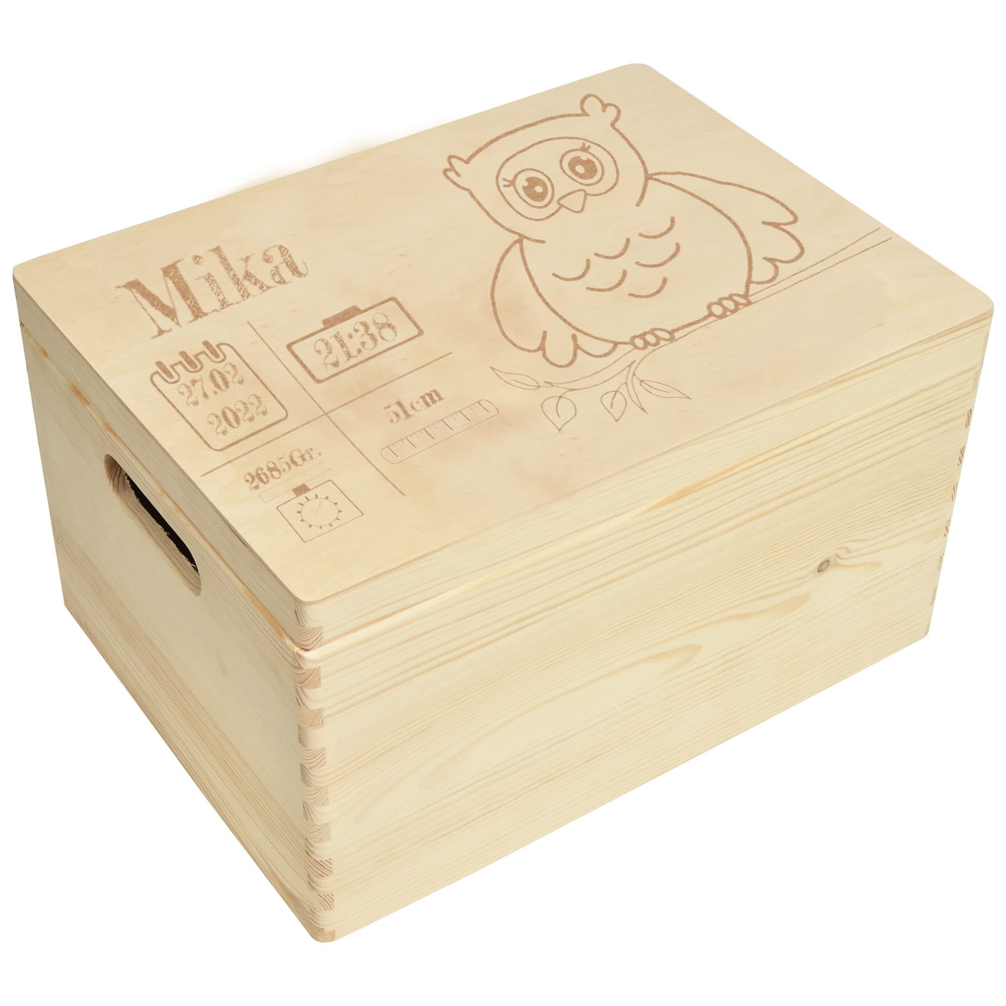 Scatola in legno personalizzata per nascita, gufo, 40 x 30 x 23 cm