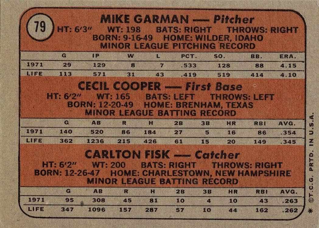 1972 Topps Baseball #79 Carlton Fisk Rookie Card