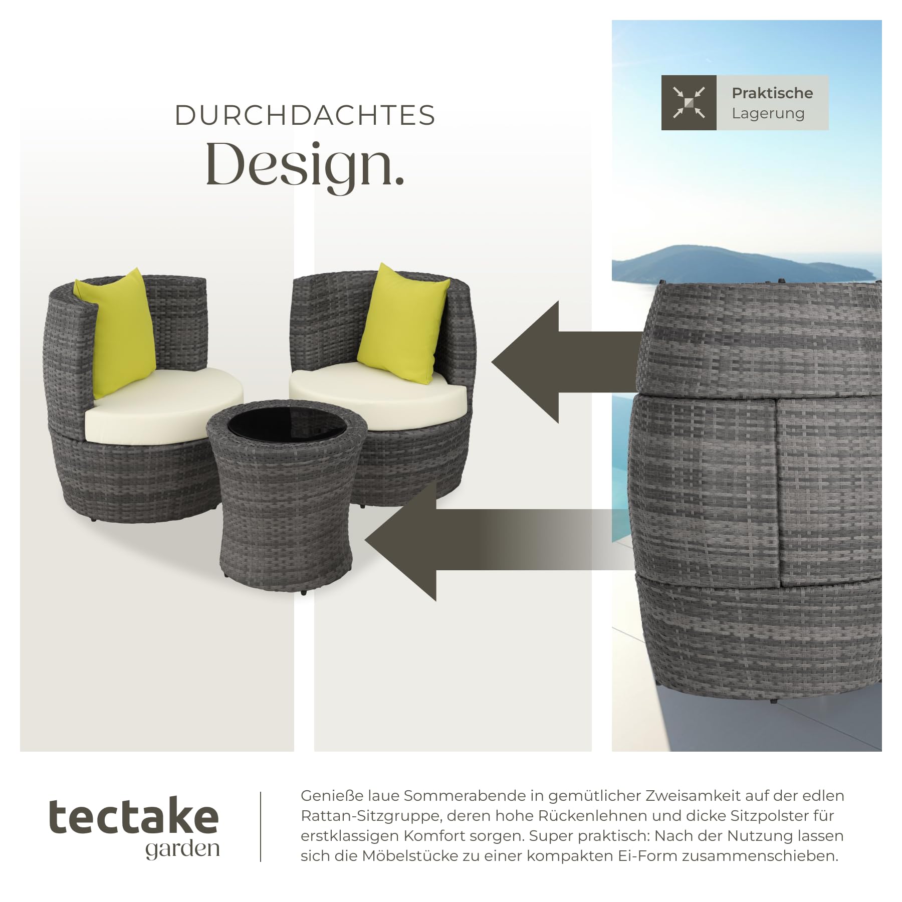 tectake® Rattan Set 2 Personen, Balkonmöbel, Aluminium Gartenmöbel Set, Outdoor Sitzgruppe mit 2X Stuhl, 1 Beistelltisch rund, 1 Vase, platzsparend zusammenschiebbar, mit Polster und Kissen - grau