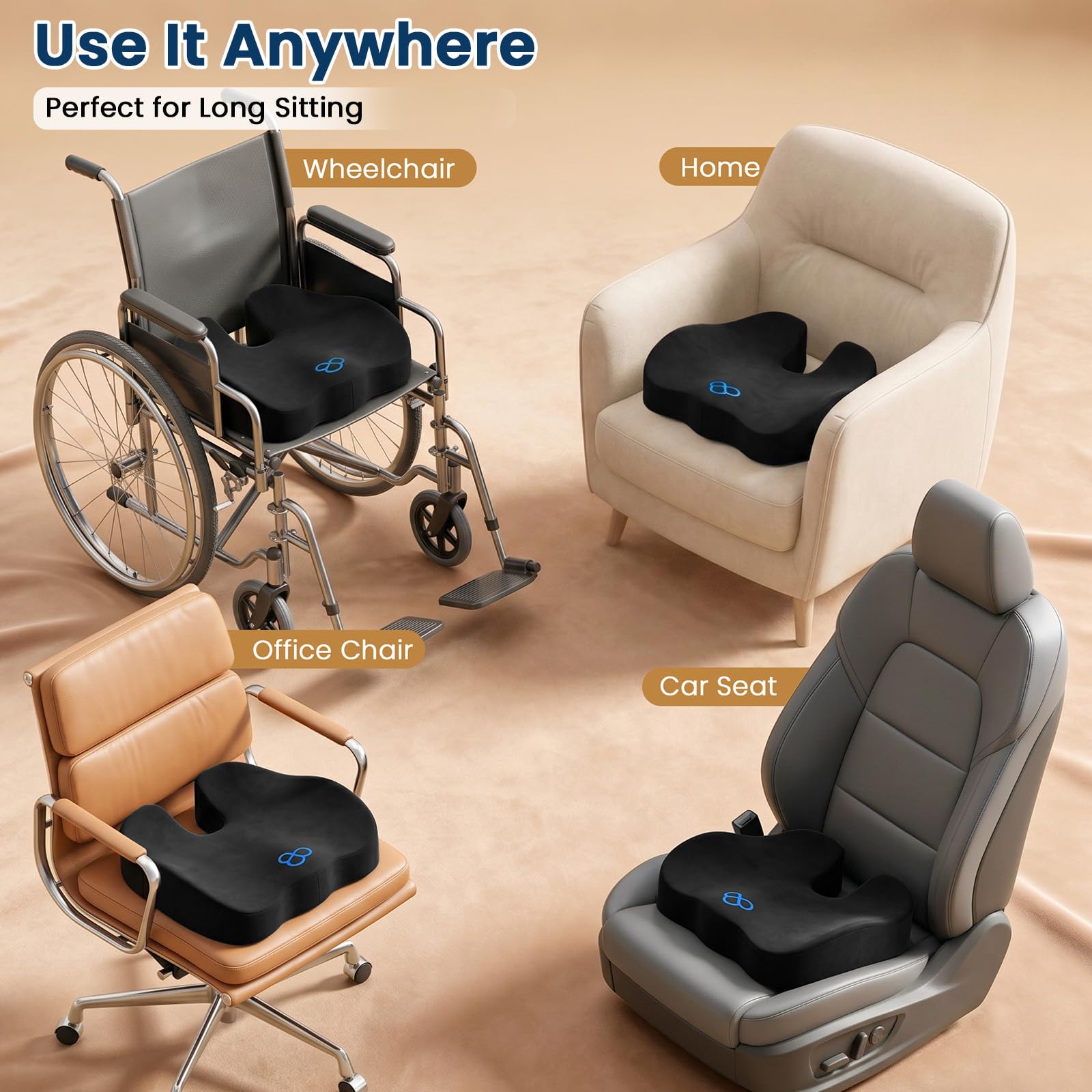 BlissTrends Cojín de asiento con funda de terciopelo, cojines gruesos de espuma viscoelástica para silla de oficina, asiento de coche, avión, alivio de la presión, coxis, ciática, dolor de espalda