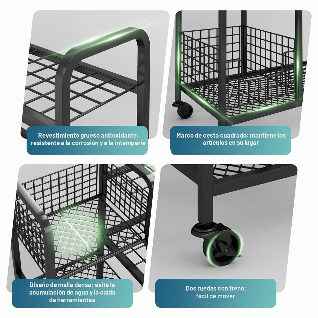 Carro Herramientas Jardín con Ruedas,3 Niveles Organizador Garaje | metal resistente, 4 ruedas con 2 frenos, ganchos para herramientas largas, 91x41x93 cm, para jardín taller sótano