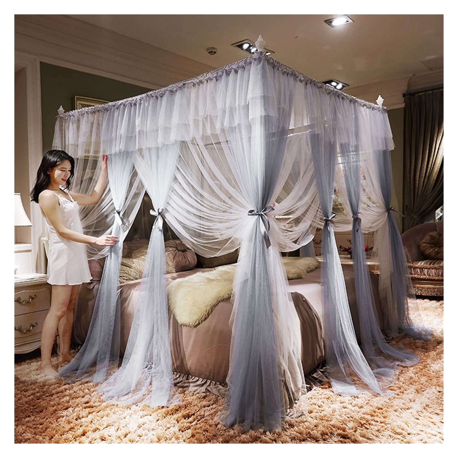Moustiquaire de lit 1.8x2.0m en dentelle rose avec rail de guidage en U style princesse
