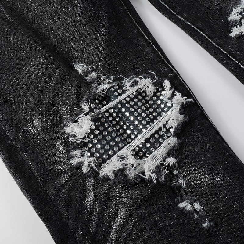 Mens Crystals Knee Patchwork Jeans Skinny Stretch Slim Distressed Ripped Rhinestone Stacked Stripe Pant2