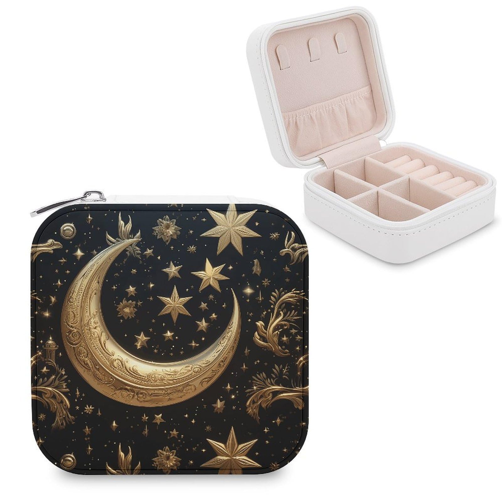 VstaDank Golden Stars And Moon Travel Jewelry Case Small Portable Jewellry Organizer Box PU Leather Organizer Boxes Personalized Jewellery Storage Holder Gift for Womens Rings Earrings