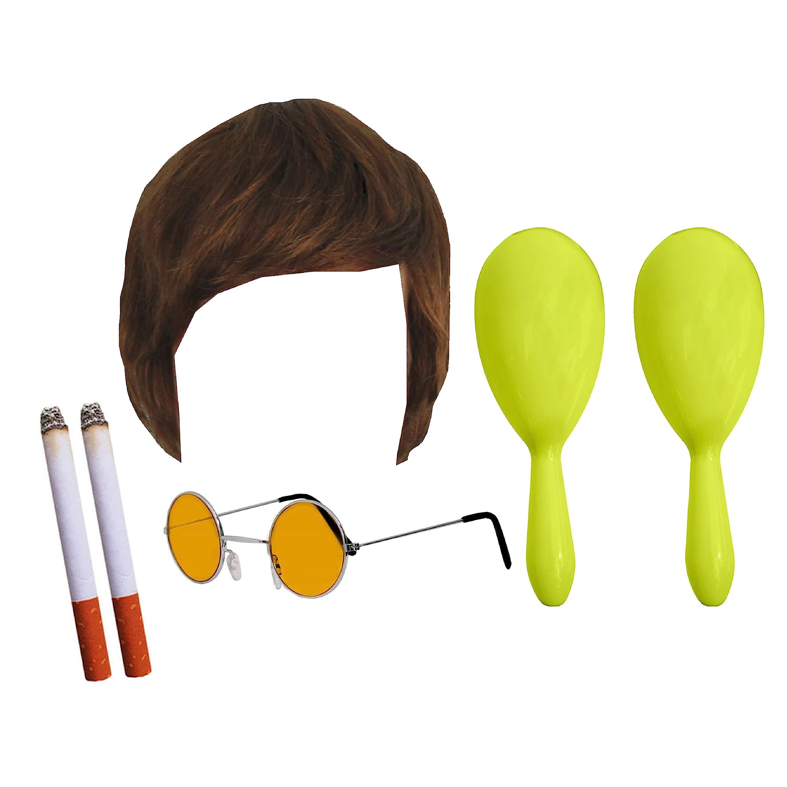 Adults Rock Band Accessory Set - Brown Wig, Round Orange Glasses, 2 Yellow Maracas, 2 Fake Cigarettes - Adults 6-Piece Music Best of British Fancy Dress Costume Accessory Set โ image 1